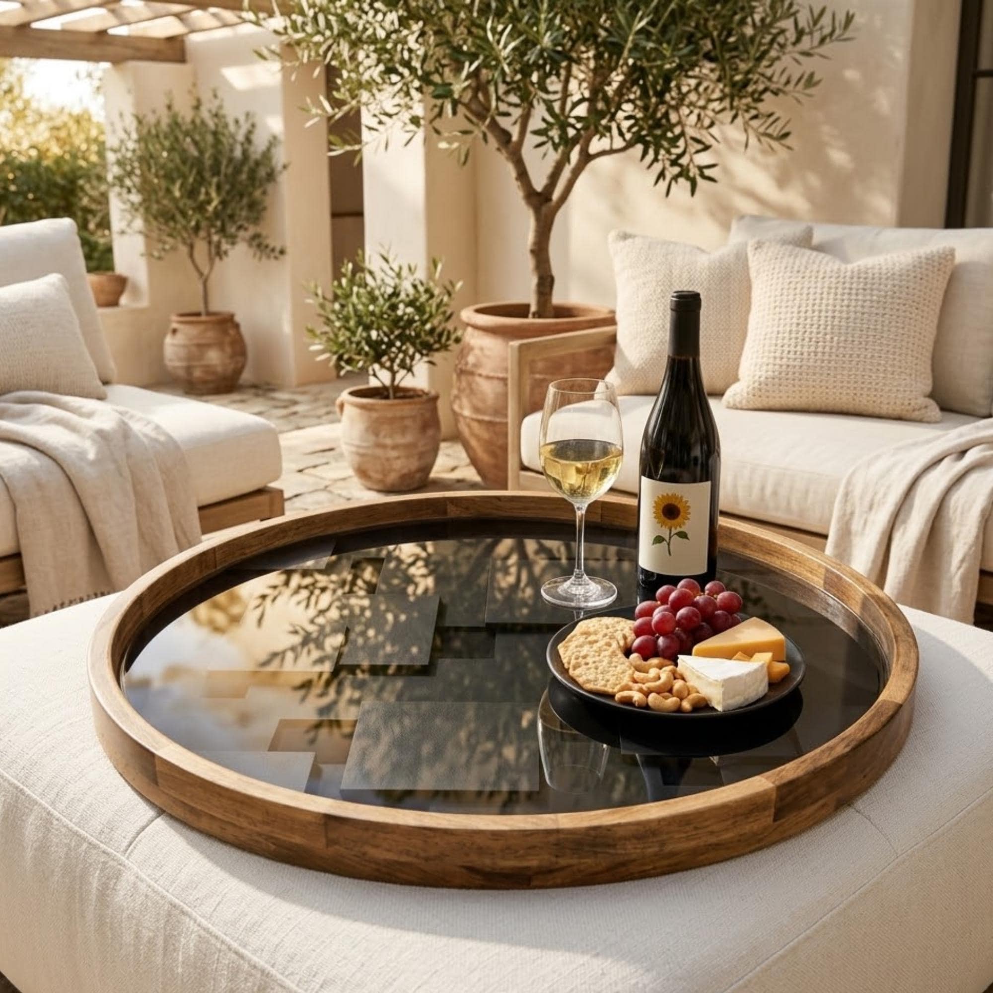 Black Mango Wood Serving Tray | Modern Minimalist Ottoman Coffee Table Decor