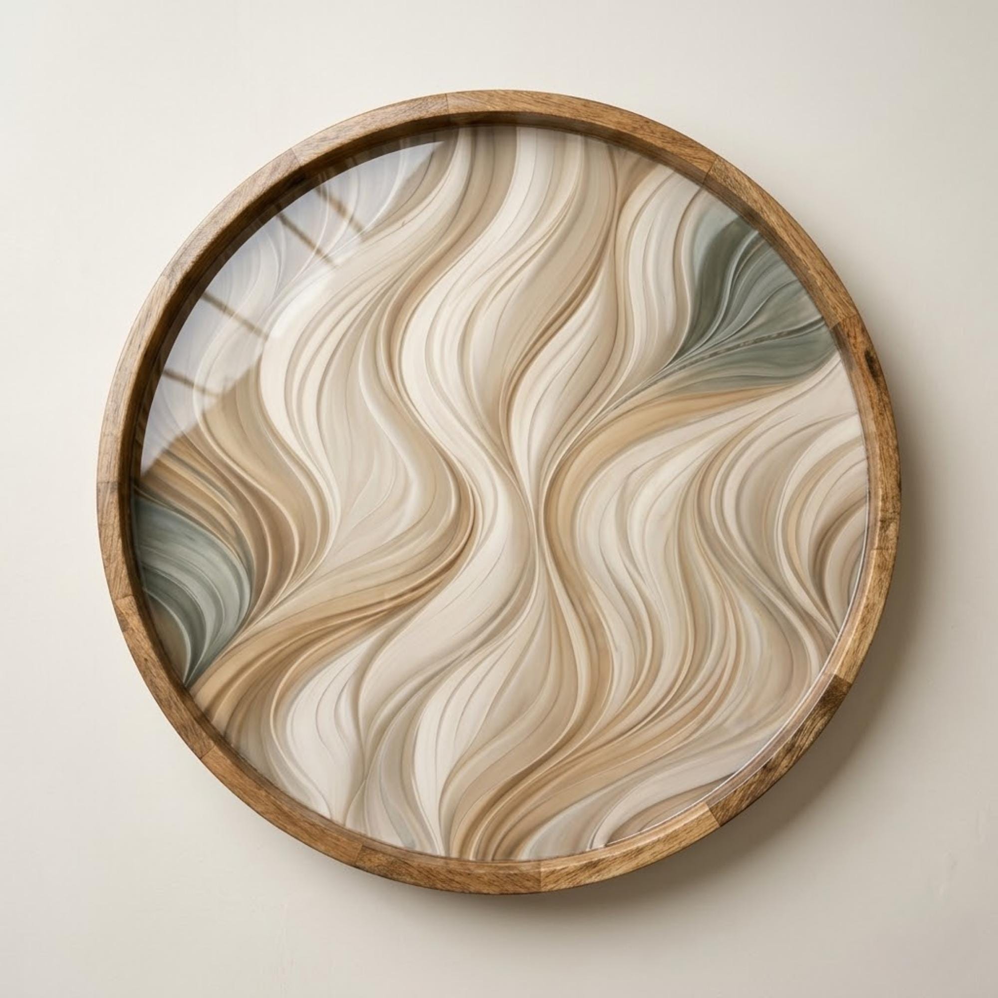 Abstract Wave Wooden Printed Platter | Round Mango Wood Tea Coffee Serving | Neutral Style