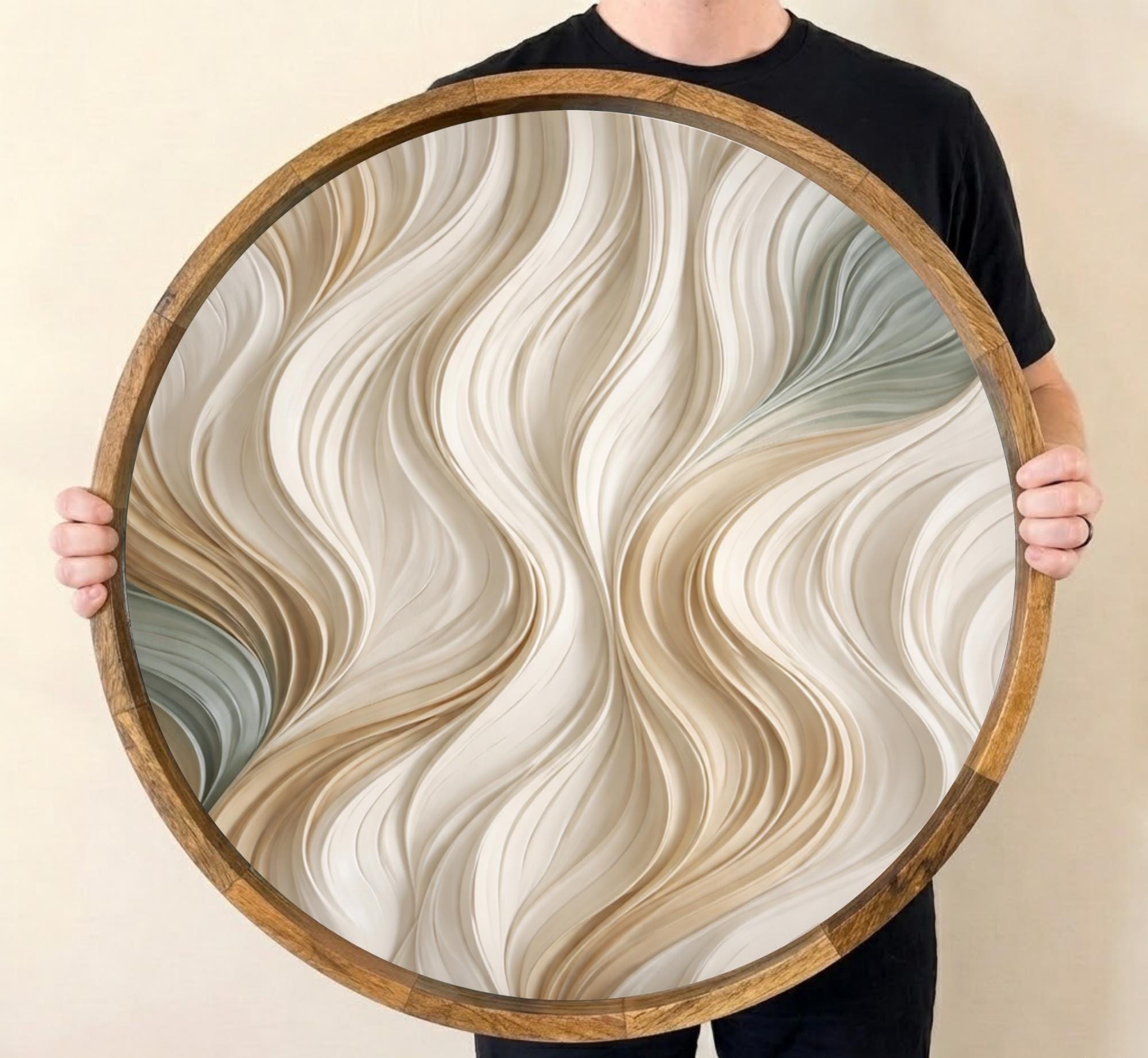 Abstract Wave Wooden Printed Platter | Round Mango Wood Tea Coffee Serving | Neutral Style
