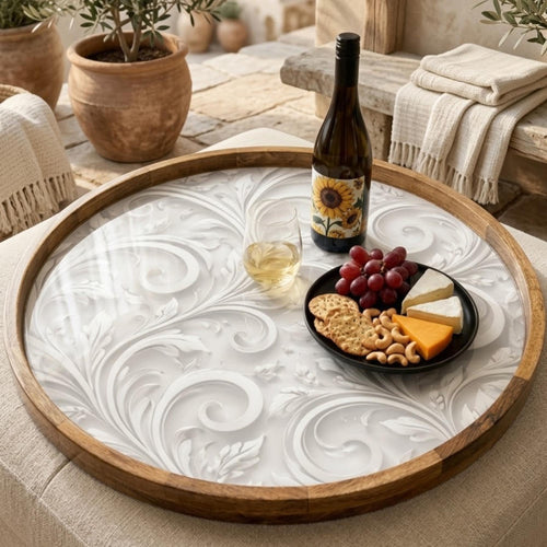 Abstract Beige Mango Wood Serving Tray | Round Ottoman Coffee Table Decor