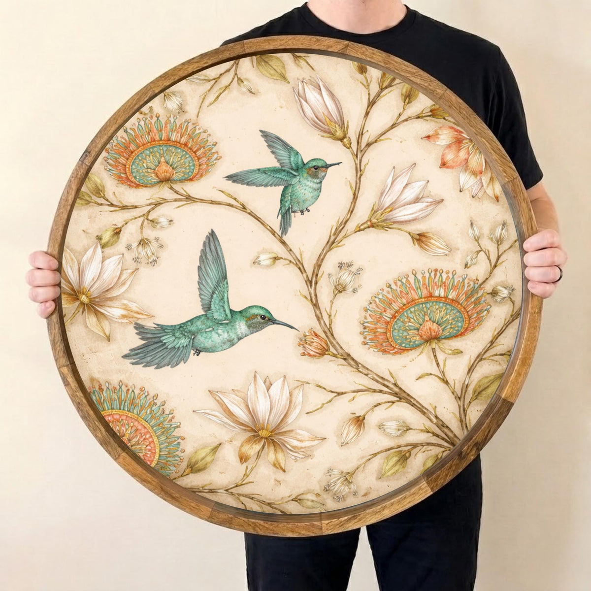 Hummingbird Wooden Tray Printed | Floral Mango Wood Round Tea Serving Decor Gift