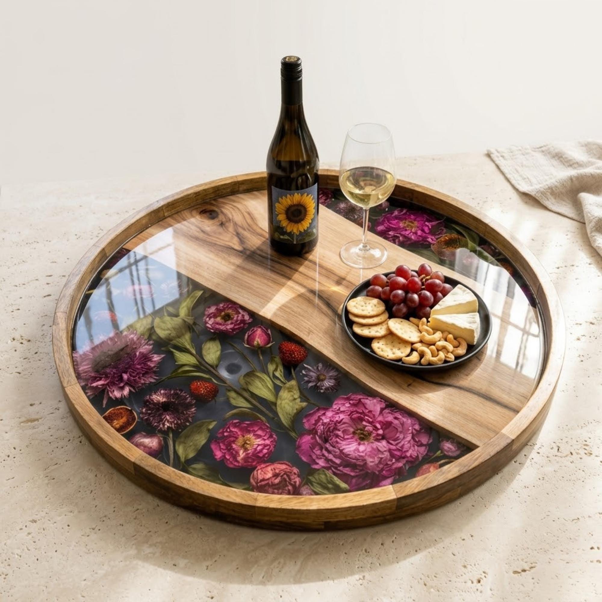 Floral Mango Wood Serving Tray | Round Ottoman Coffee Table Decor