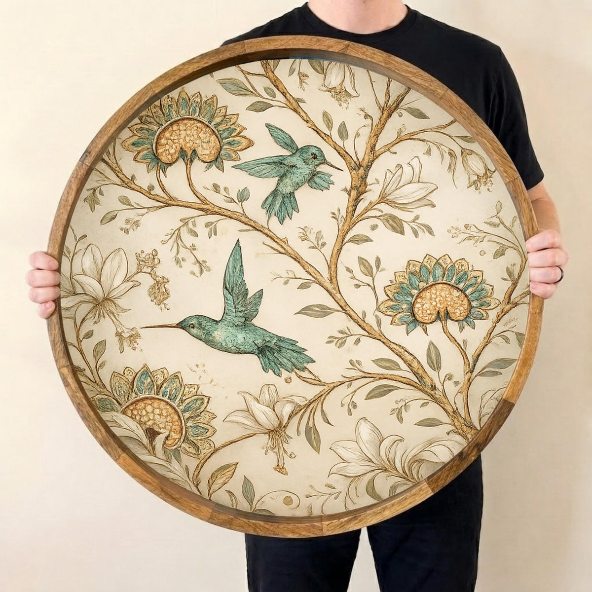 Hummingbird Floral Mango Wood Serving Tray | Botanical Coffee Table Ottoman Decor