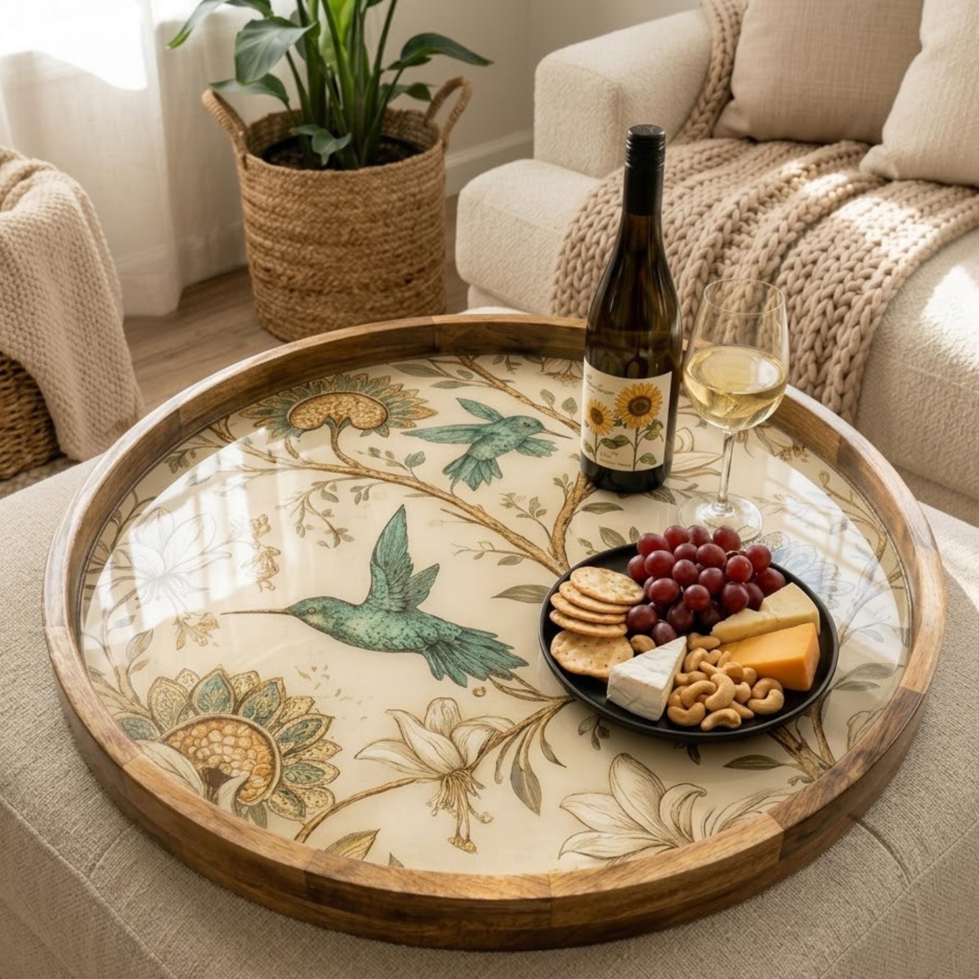Hummingbird Floral Mango Wood Serving Tray | Botanical Coffee Table Ottoman Decor