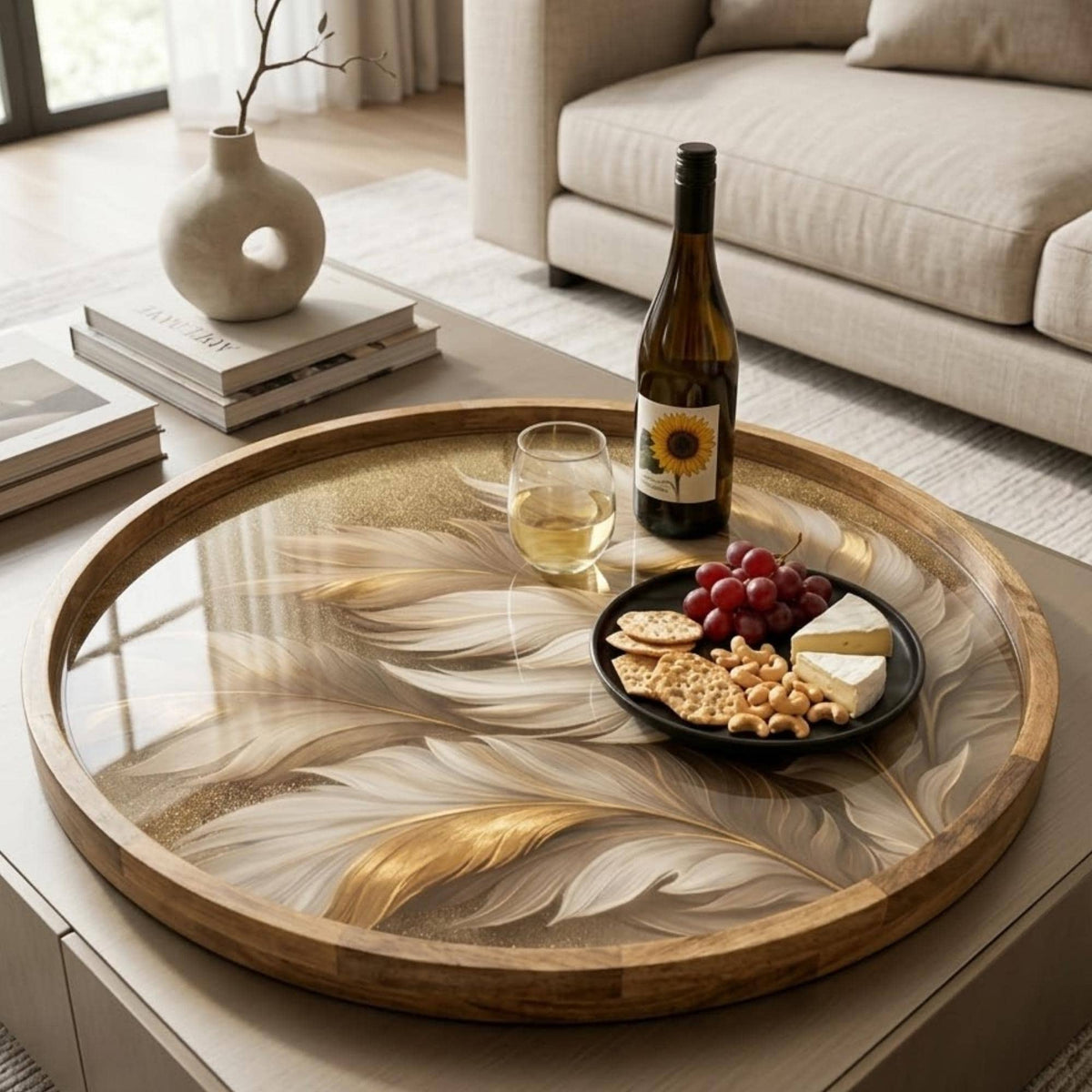 Gold Feather Mango Wood Serving Tray | Boho Ottoman Coffee Table Decor