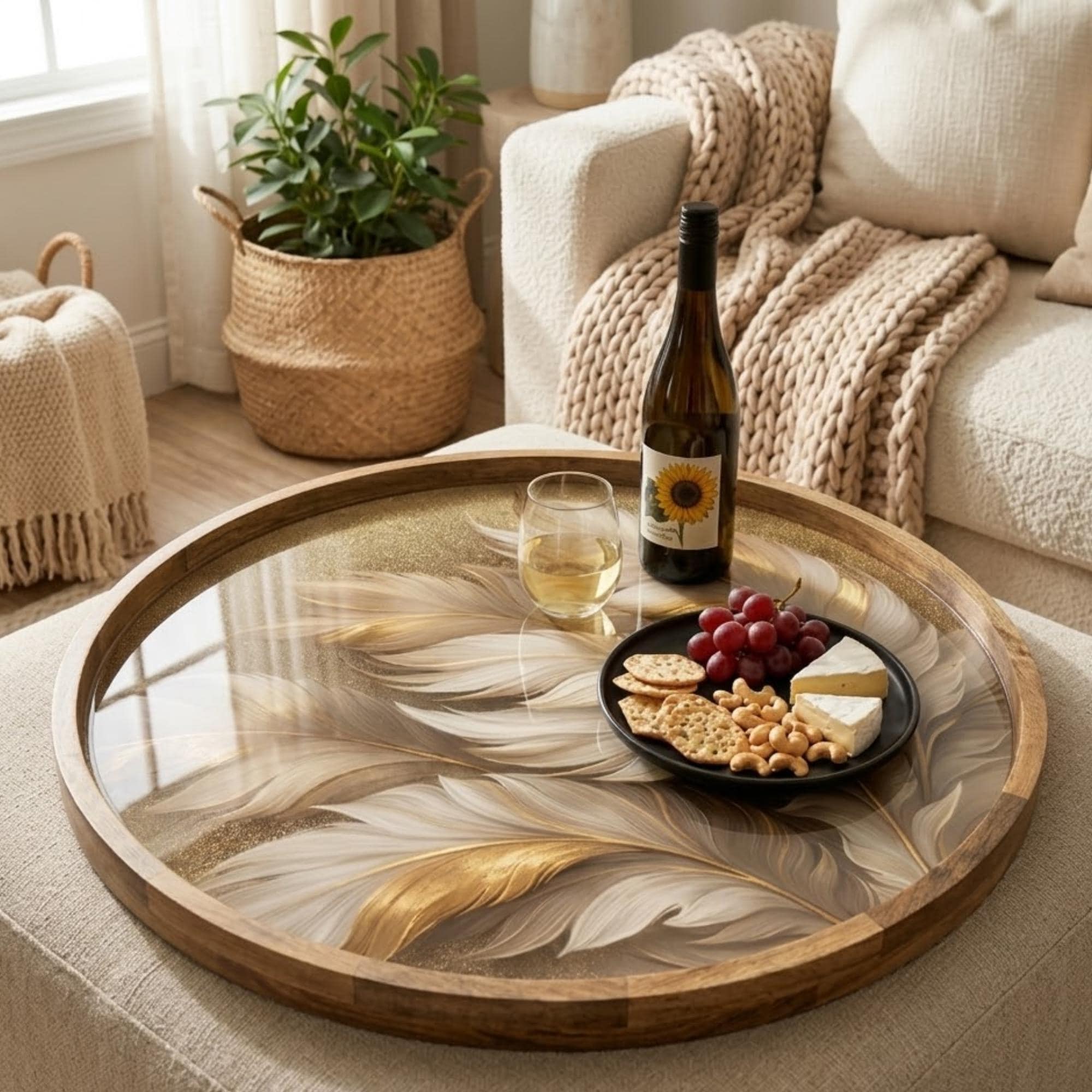 Gold Feather Mango Wood Serving Tray | Boho Ottoman Coffee Table Decor