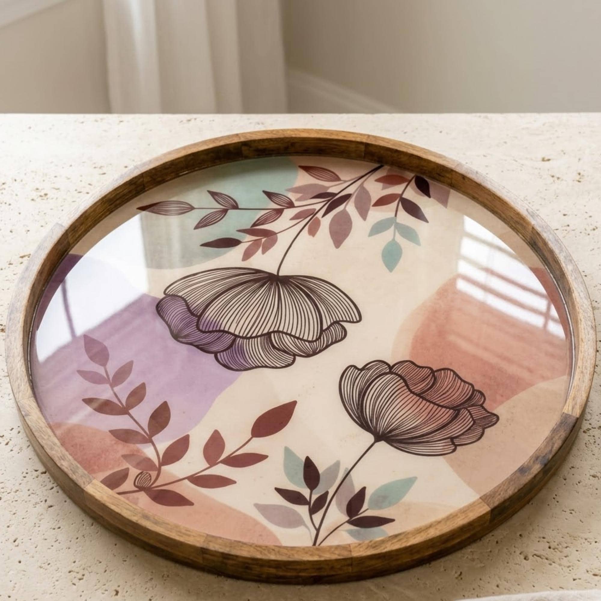 Floral Abstract Mango Wood Serving Tray | Botanical Ottoman Coffee Table Decor