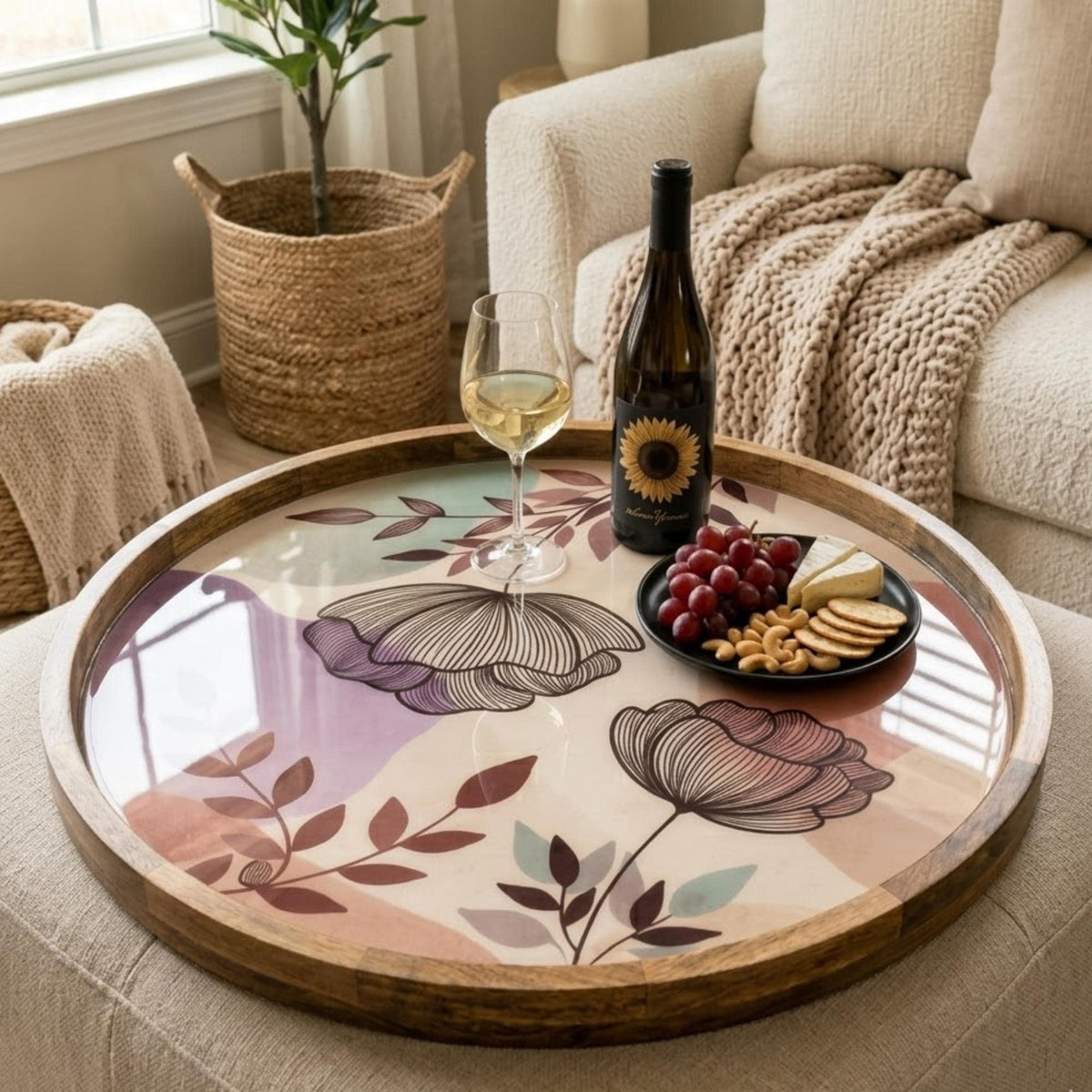 Floral Abstract Mango Wood Serving Tray | Botanical Ottoman Coffee Table Decor