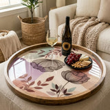 Floral Abstract Mango Wood Serving Tray | Botanical Ottoman Coffee Table Decor