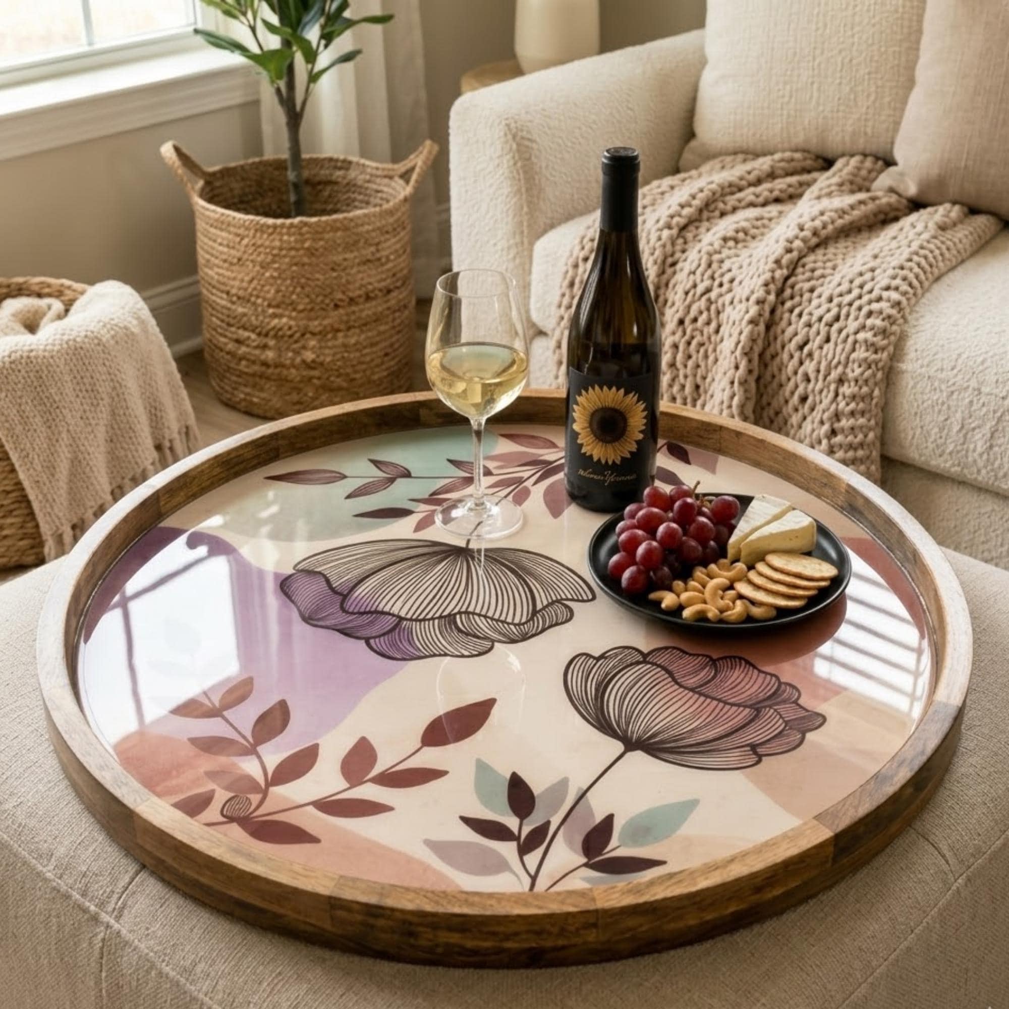 Floral Abstract Mango Wood Serving Tray | Botanical Ottoman Coffee Table Decor