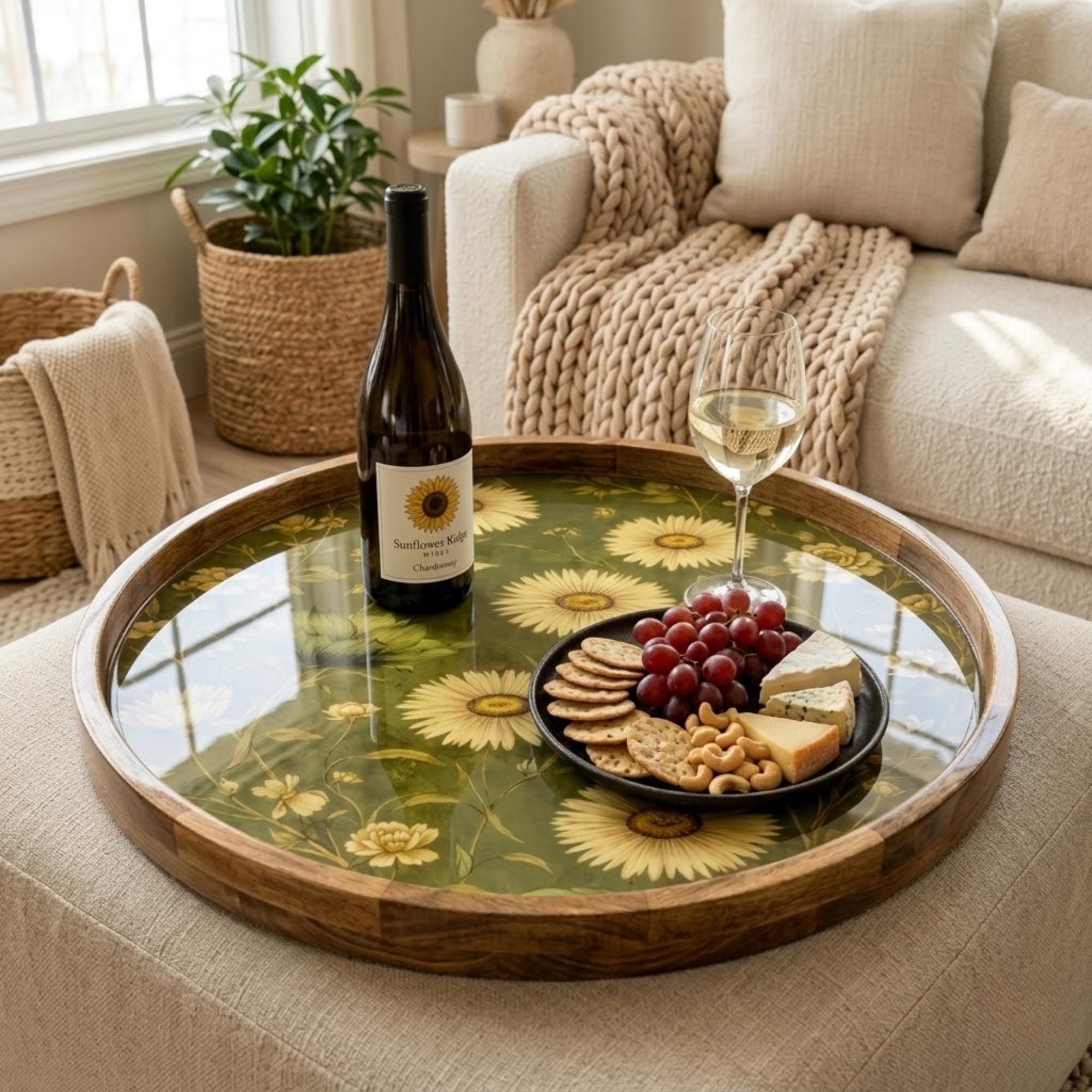 Sunflower Mango Wood Serving Tray | Vintage Floral Ottoman Coffee Table Decor