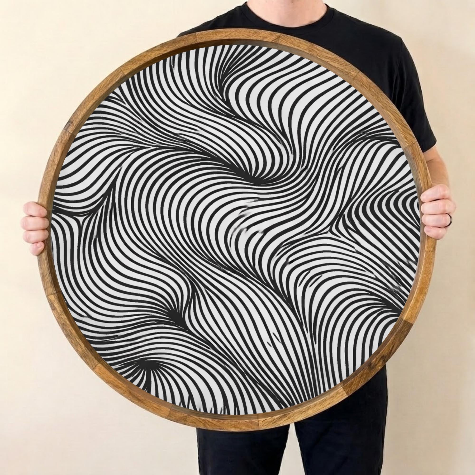 Handmade Mango Wood Serving Tray | Abstract Wave Print, Coffee Table Decor