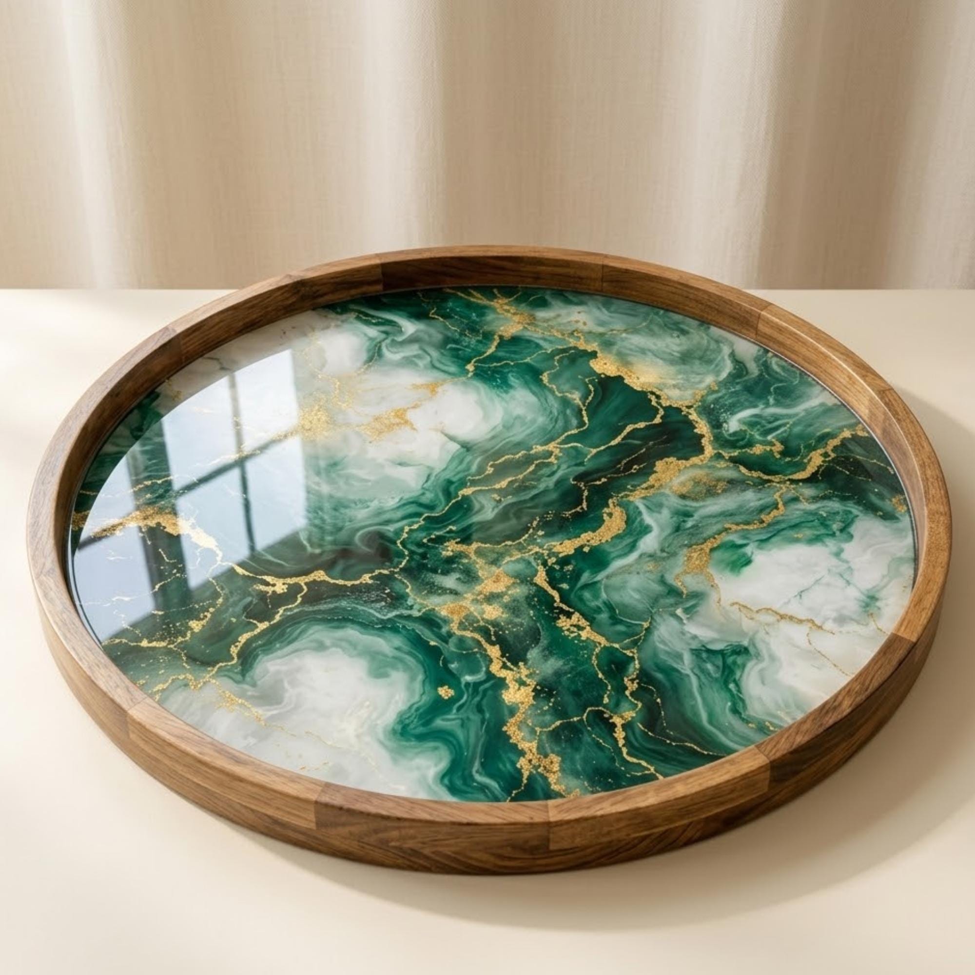 Handmade Green Marble Abstract Wooden Serving Tray | Round Ottoman Coffee Table Decor
