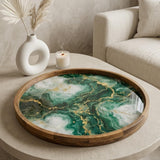 Handmade Green Marble Abstract Wooden Serving Tray | Round Ottoman Coffee Table Decor