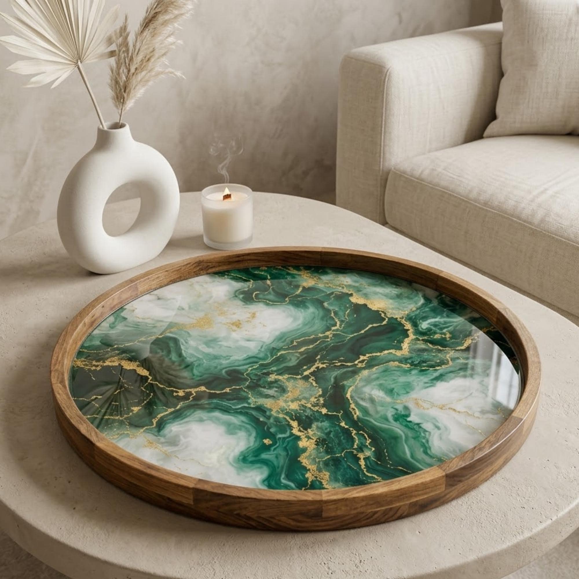 Handmade Green Marble Abstract Wooden Serving Tray | Round Ottoman Coffee Table Decor