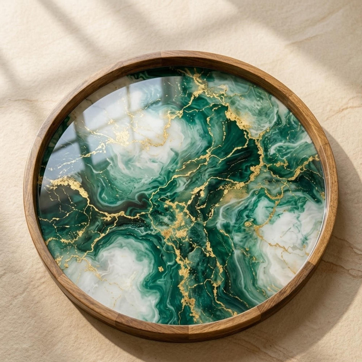 Handmade Green Marble Abstract Wooden Serving Tray | Round Ottoman Coffee Table Decor