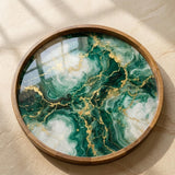 Handmade Green Marble Abstract Wooden Serving Tray | Round Ottoman Coffee Table Decor