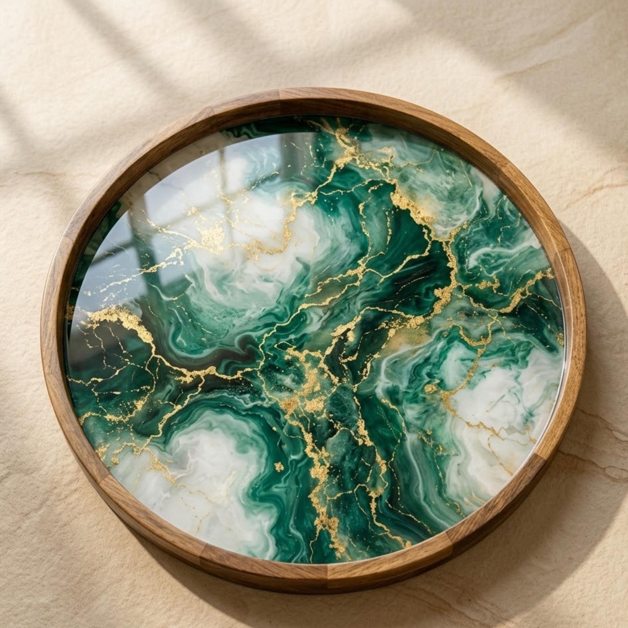 Handmade Green Marble Abstract Wooden Serving Tray | Round Ottoman Coffee Table Decor
