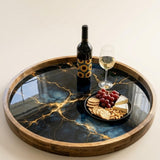 Green Floral Wooden Tray Printed | Mango Wood Round Tea Serving Decor Gift