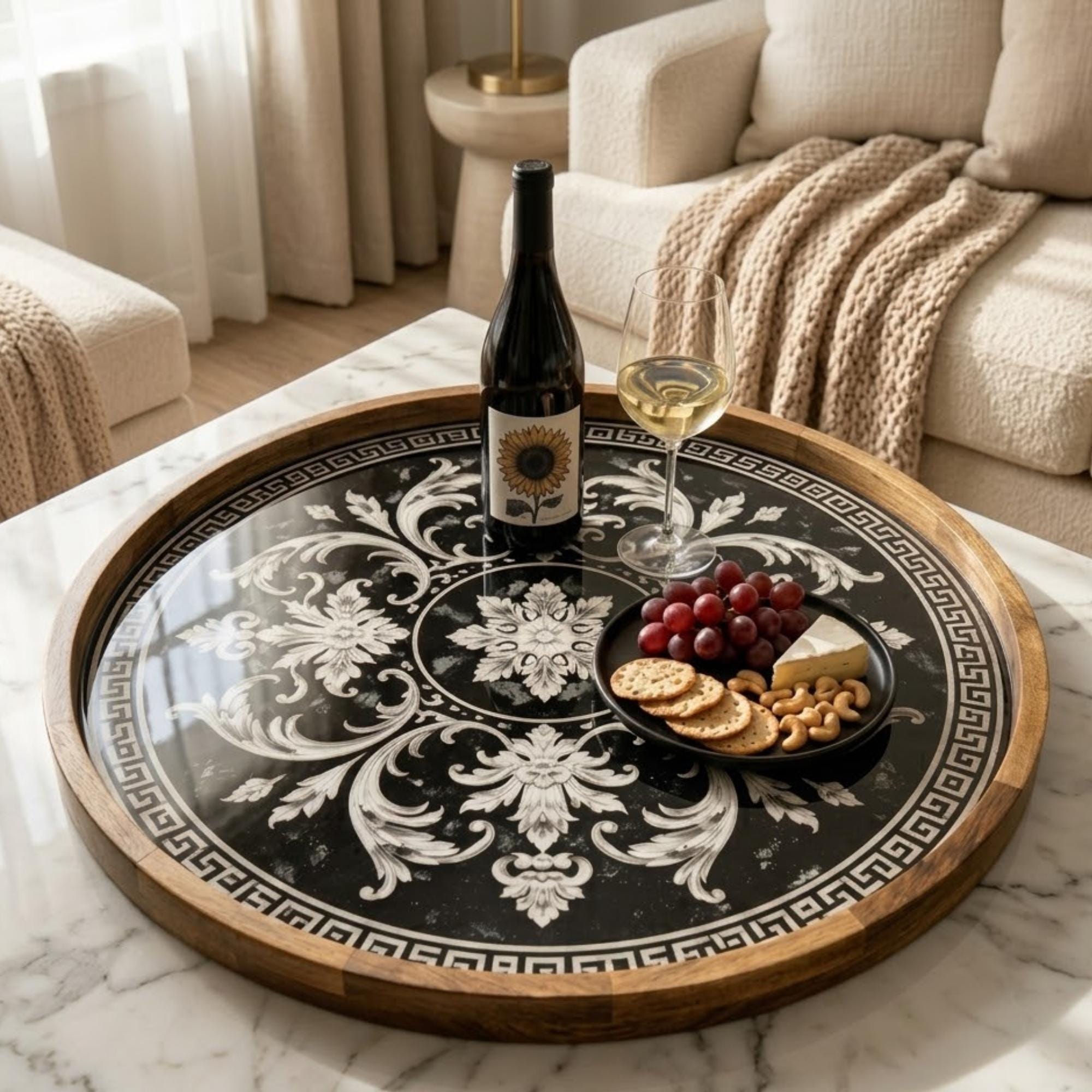 Baroque Serving Tray | Vintage Mango Wood Ottoman Decor, Round Coffee Table Styling