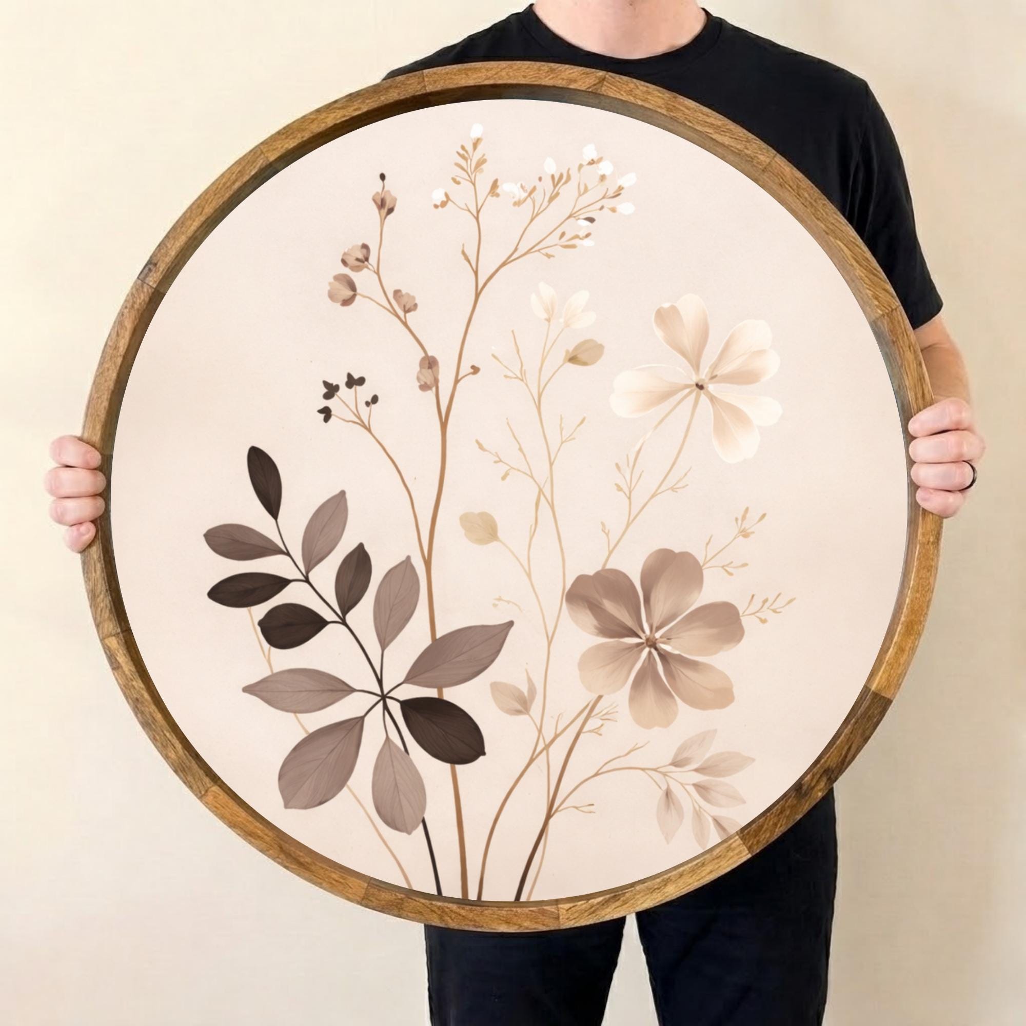 Handmade Neutral Floral Serving Tray | Botanical Mango Wood Ottoman Decor