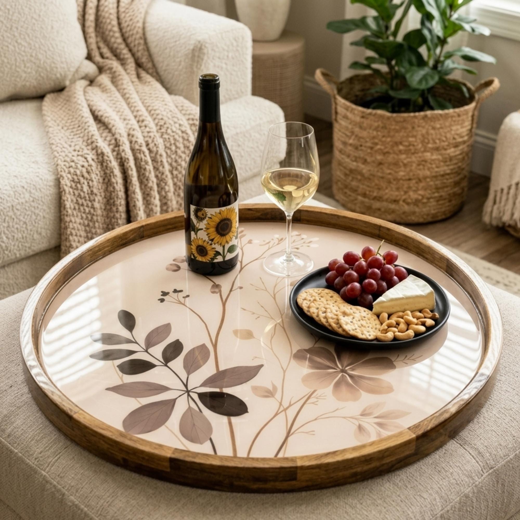 Handmade Neutral Floral Serving Tray | Botanical Mango Wood Ottoman Decor