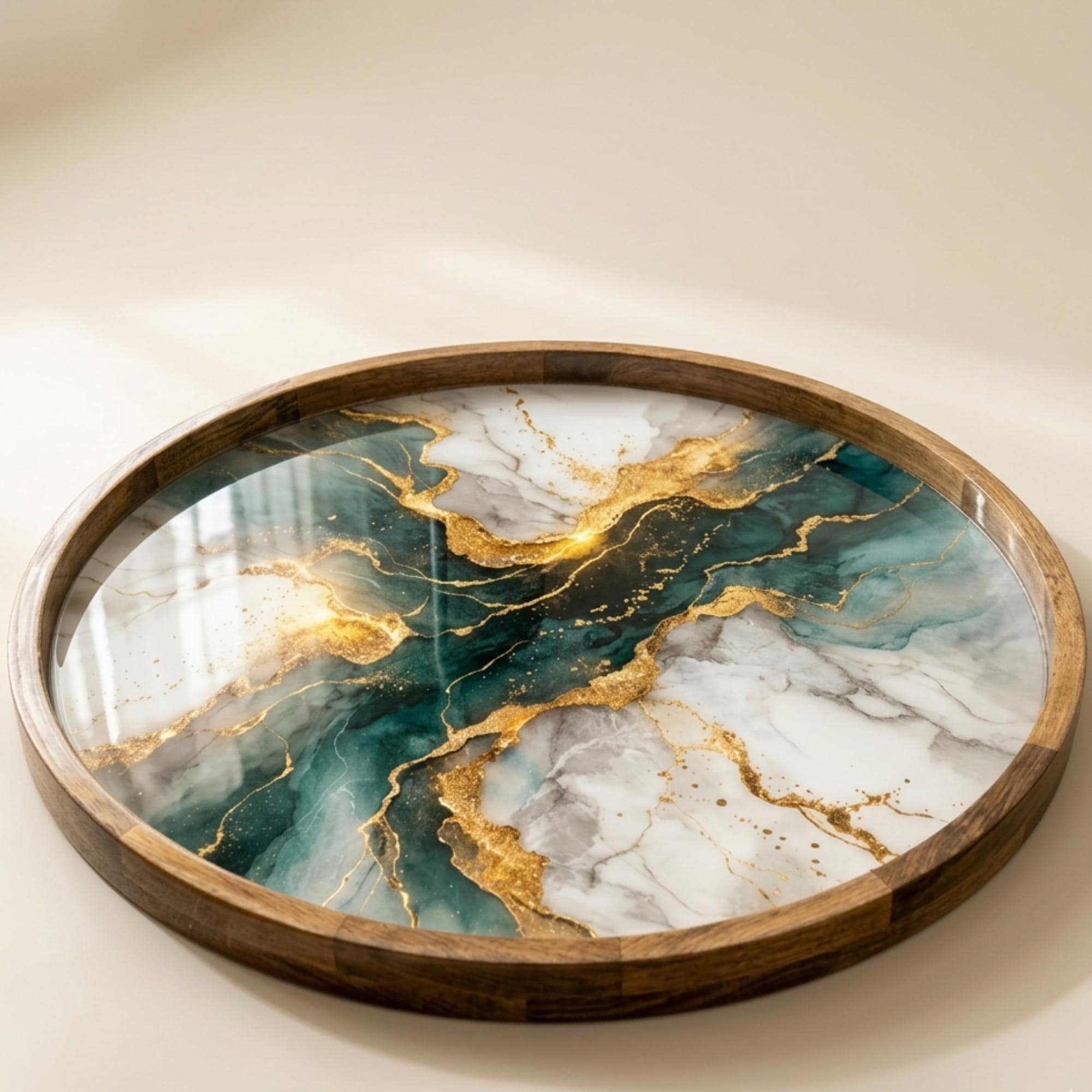 Handmade Abstract Green Marble Wood Serving Tray | Round Ottoman Coffee Table Decor