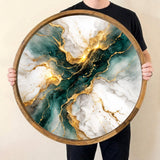 Handmade Abstract Green Marble Wood Serving Tray | Round Ottoman Coffee Table Decor