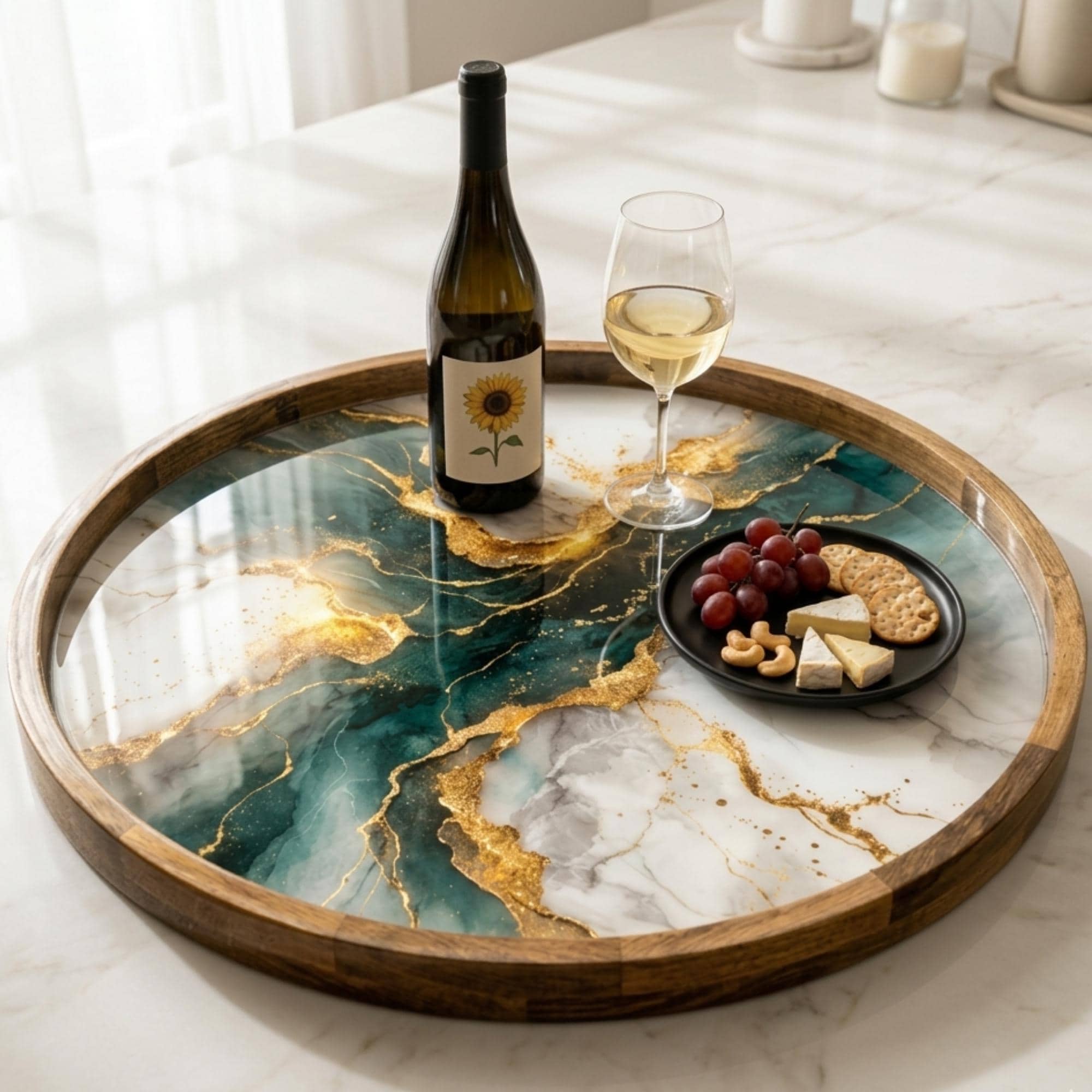 Handmade Abstract Green Marble Wood Serving Tray | Round Ottoman Coffee Table Decor