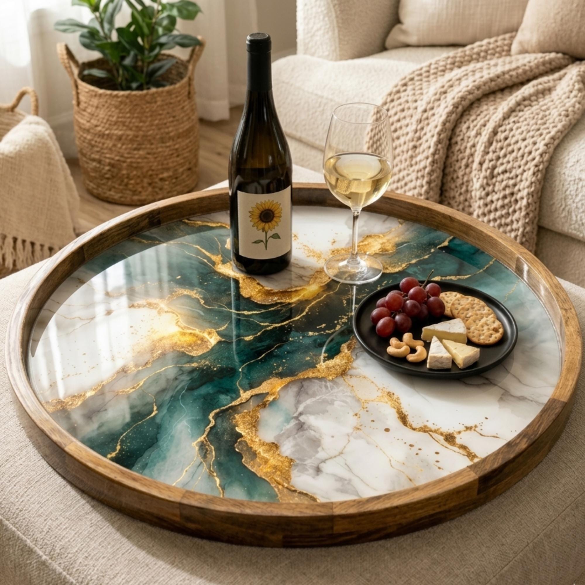 Handmade Abstract Green Marble Wood Serving Tray | Round Ottoman Coffee Table Decor