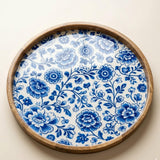 Blue Floral Mango Wood Round Tray | Farmhouse Coffee Table Ottoman Decor
