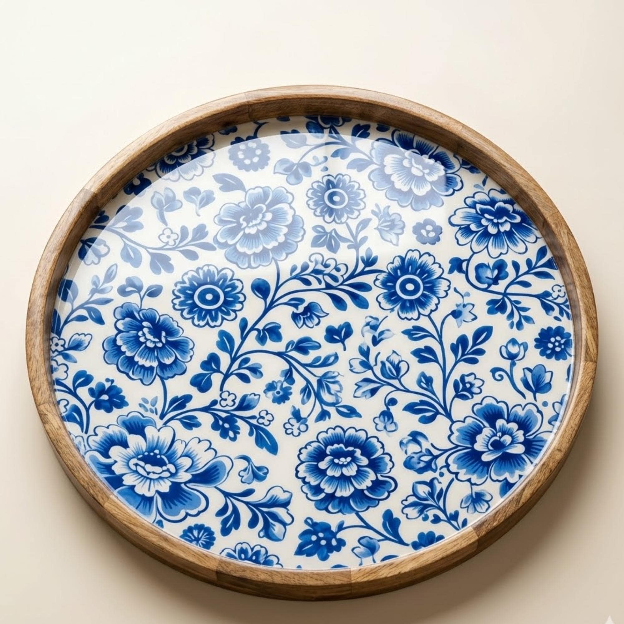 Blue Floral Mango Wood Round Tray | Farmhouse Coffee Table Ottoman Decor