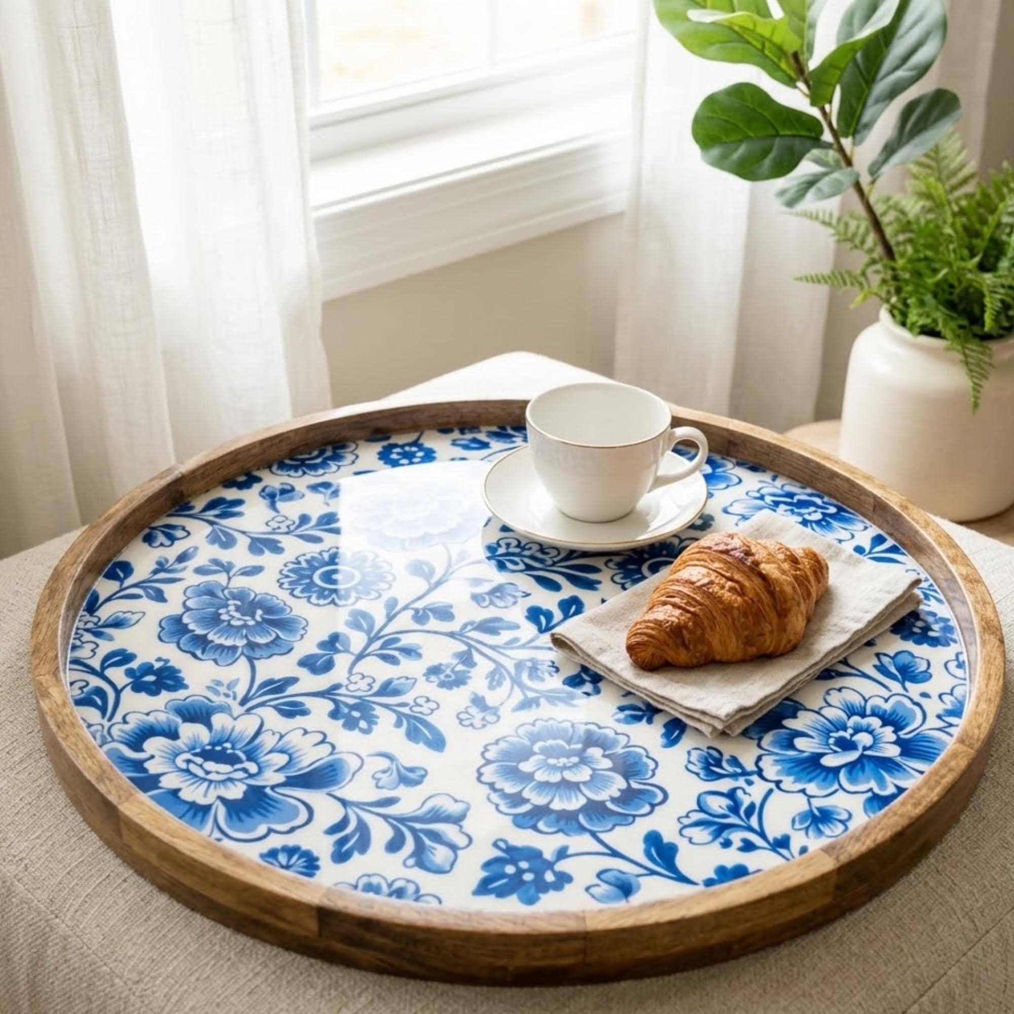 Blue Floral Mango Wood Round Tray | Farmhouse Coffee Table Ottoman Decor