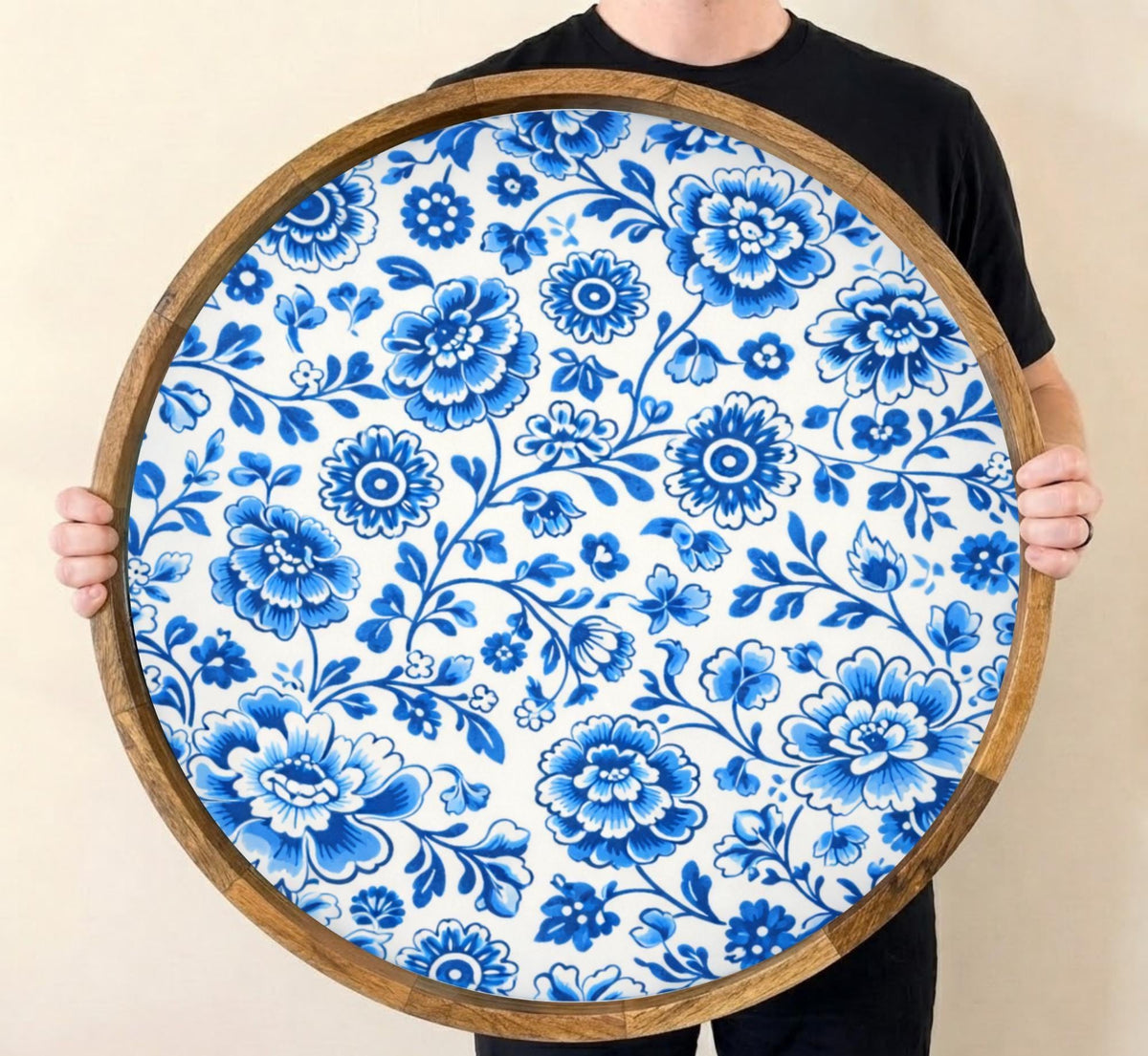 Blue Floral Mango Wood Round Tray | Farmhouse Coffee Table Ottoman Decor