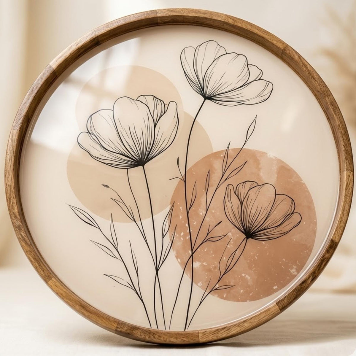 Handmade Mango Wood Floral Tray | Minimalist Round Serving Ottoman Decor