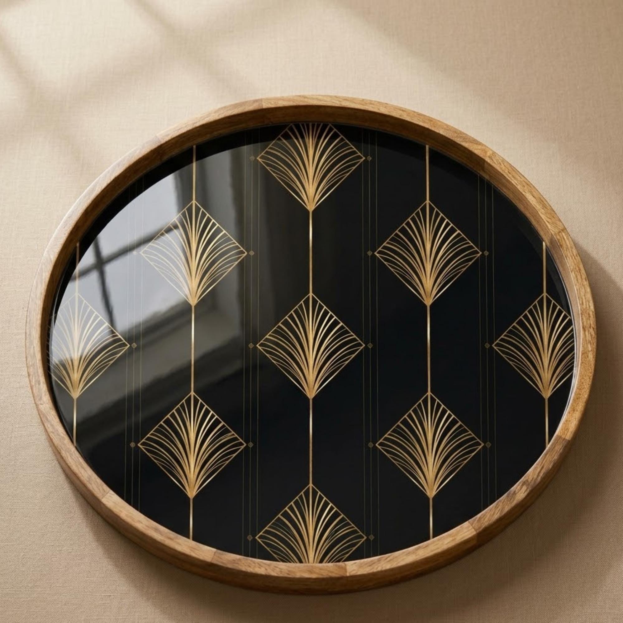 Art Deco Mango Wood Serving Tray | Navy Geometric Ottoman Coffee Table Decor