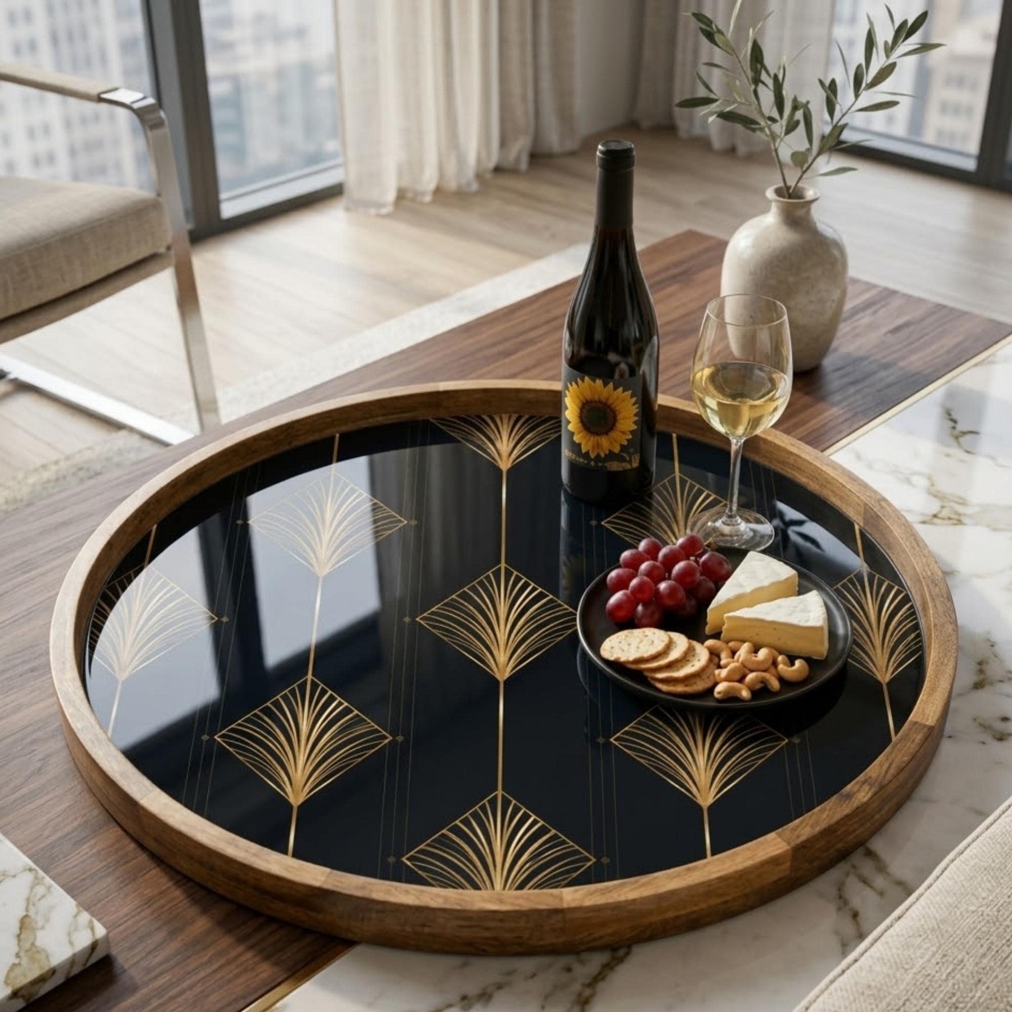 Art Deco Mango Wood Serving Tray | Navy Geometric Ottoman Coffee Table Decor