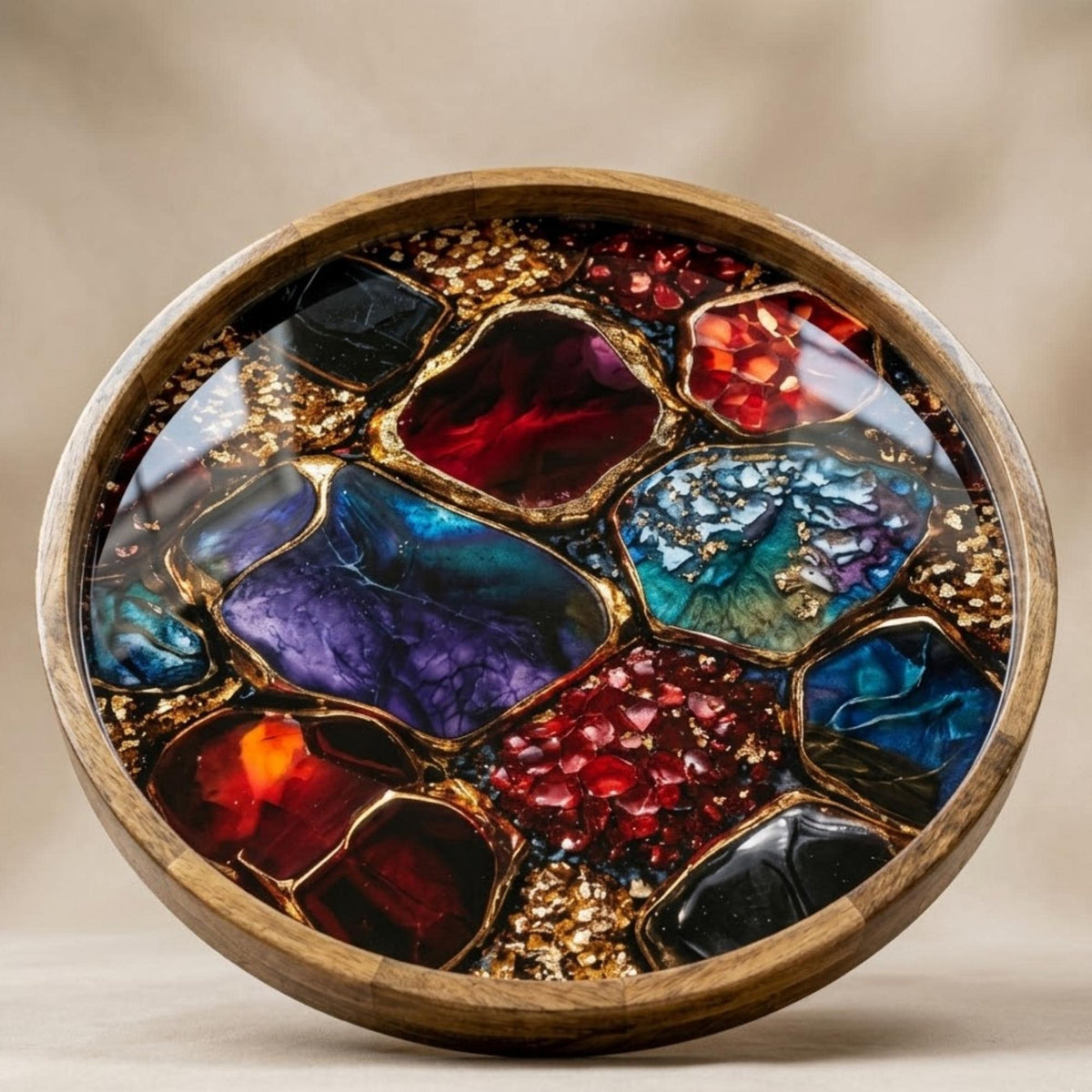 Round Mango Wood Serving Tray | Abstract Geode Resin Art Decor Ottoman Coffee Table Tray