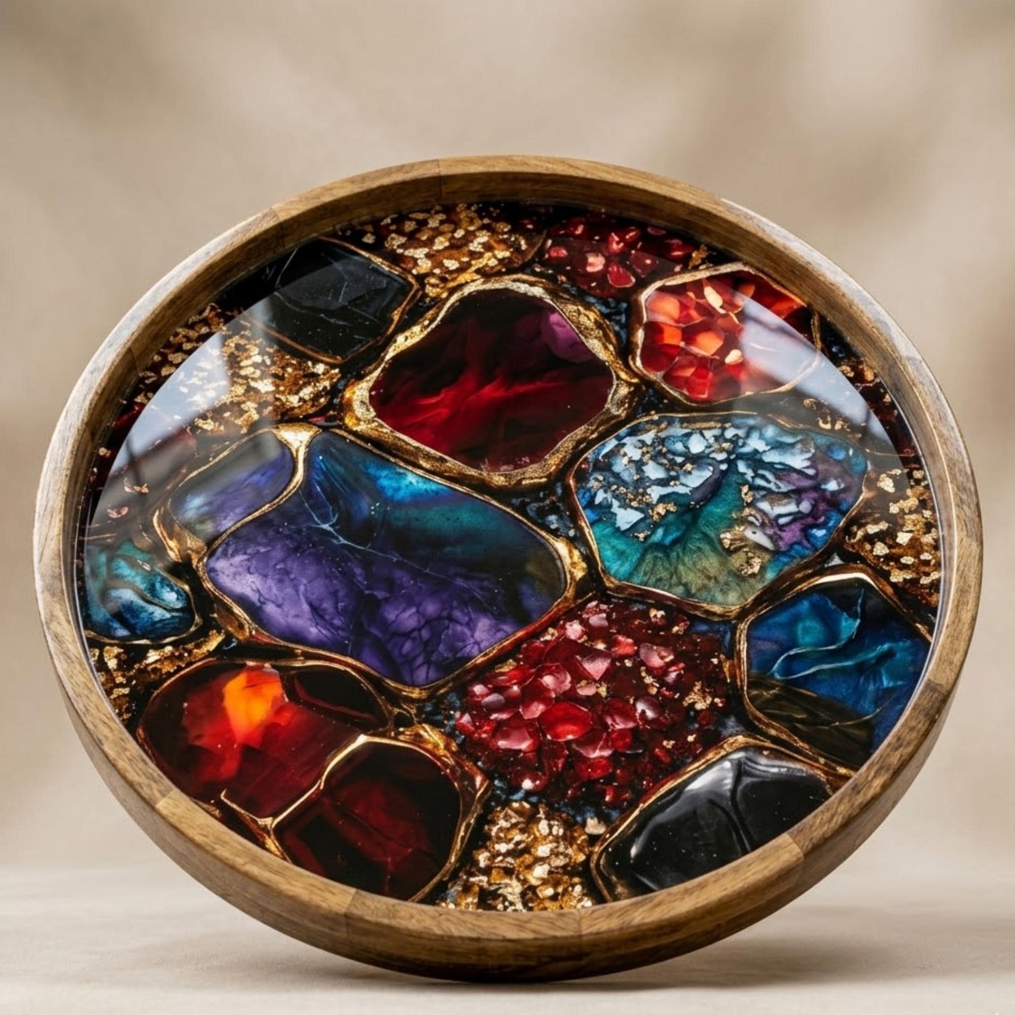Round Mango Wood Serving Tray | Abstract Geode Resin Art Decor Ottoman Coffee Table Tray