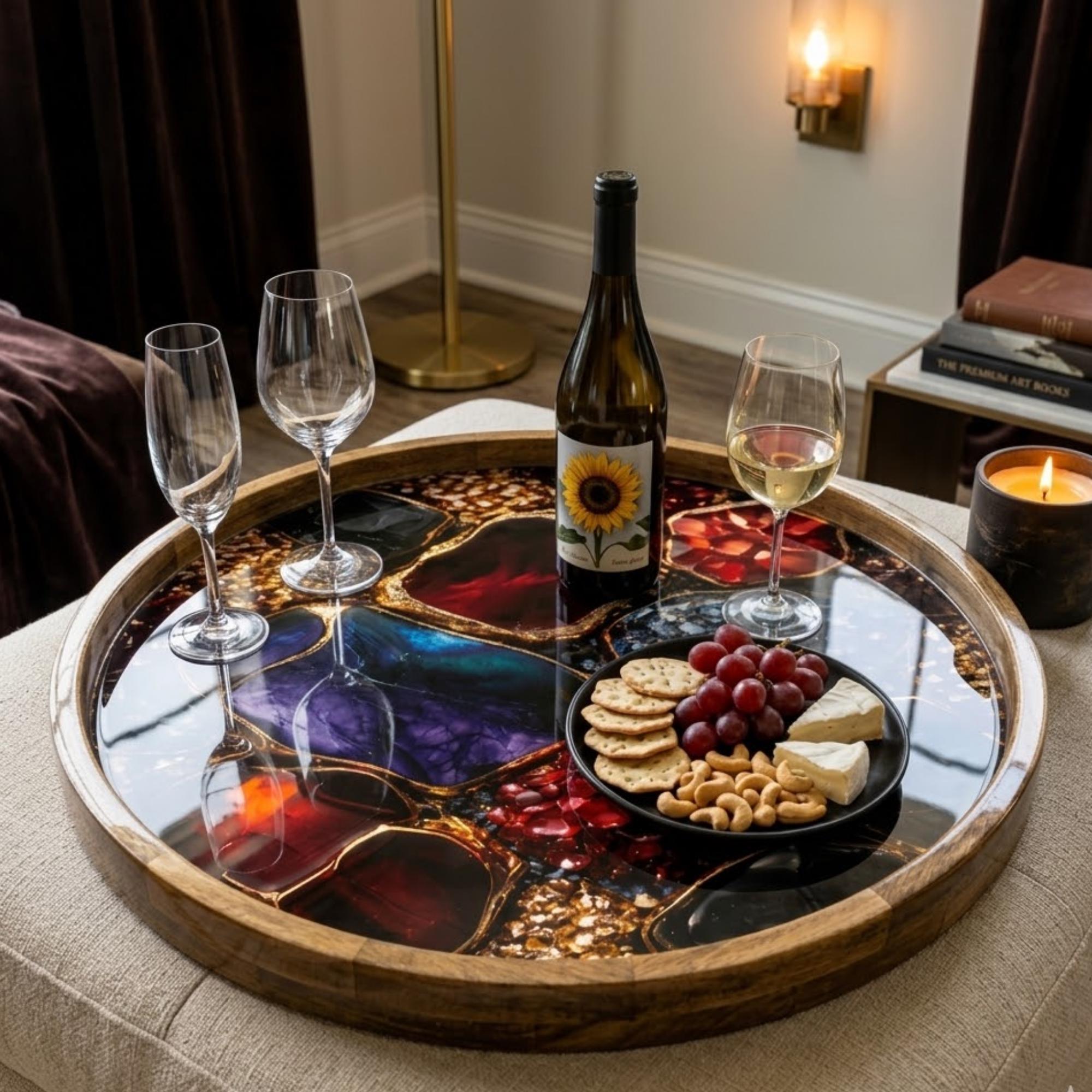 Round Mango Wood Serving Tray | Abstract Geode Resin Art Decor Ottoman Coffee Table Tray
