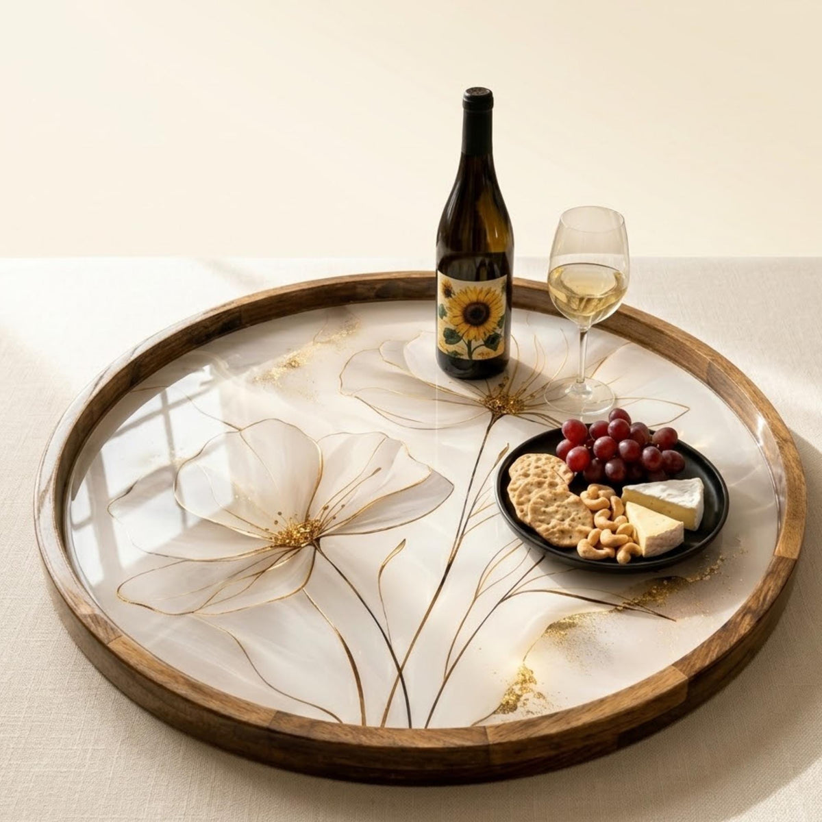 Handmade Mango Wood Serving Tray | White Floral Print, Gold Detail, Ottoman Coffee Table Decor