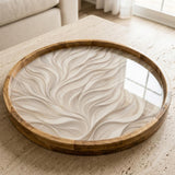 Handmade Mango Wood Serving Tray | Neutral Wave Print Coffee Table Decor