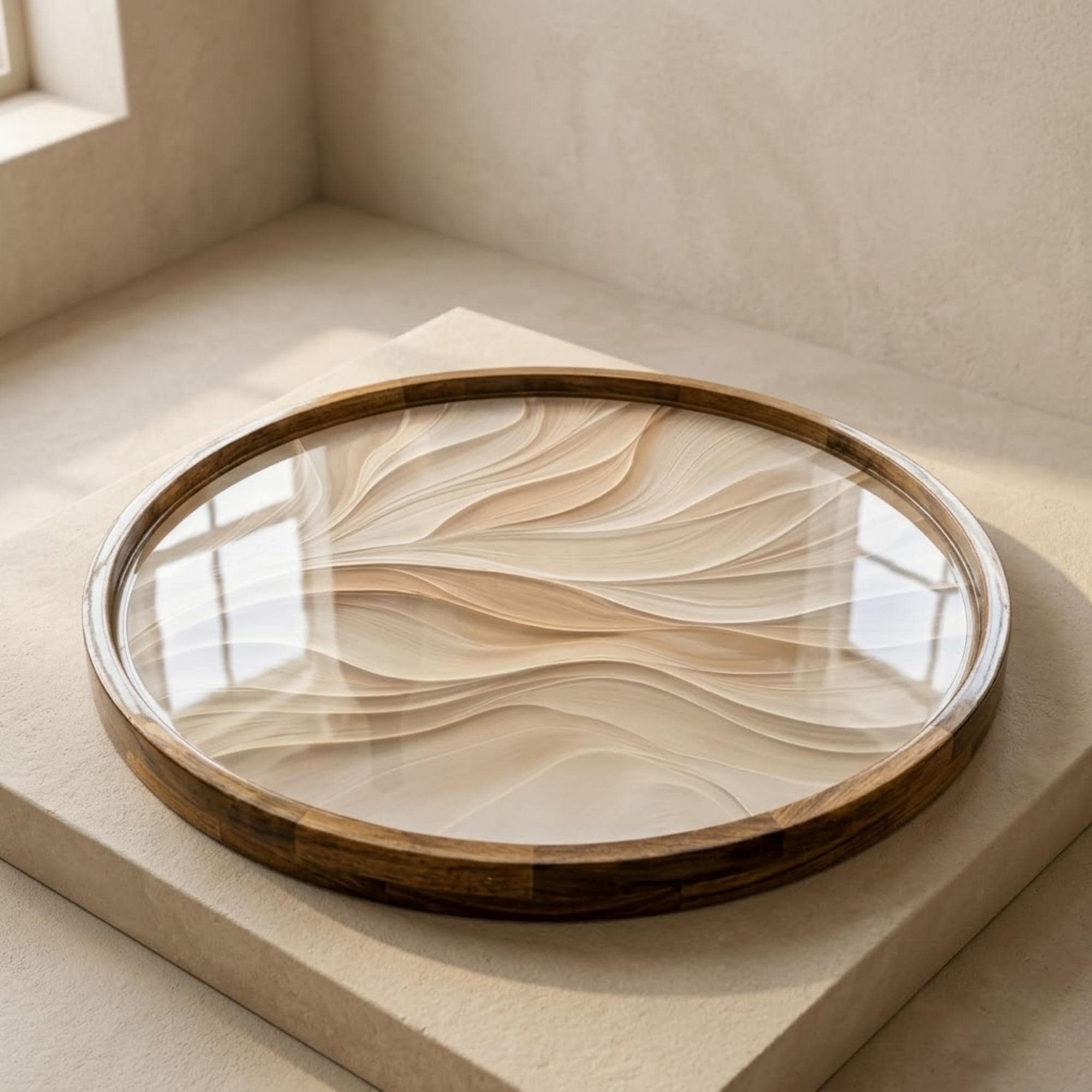 Handmade Mango Wood Serving Tray | Abstract Wave Ottoman Decor