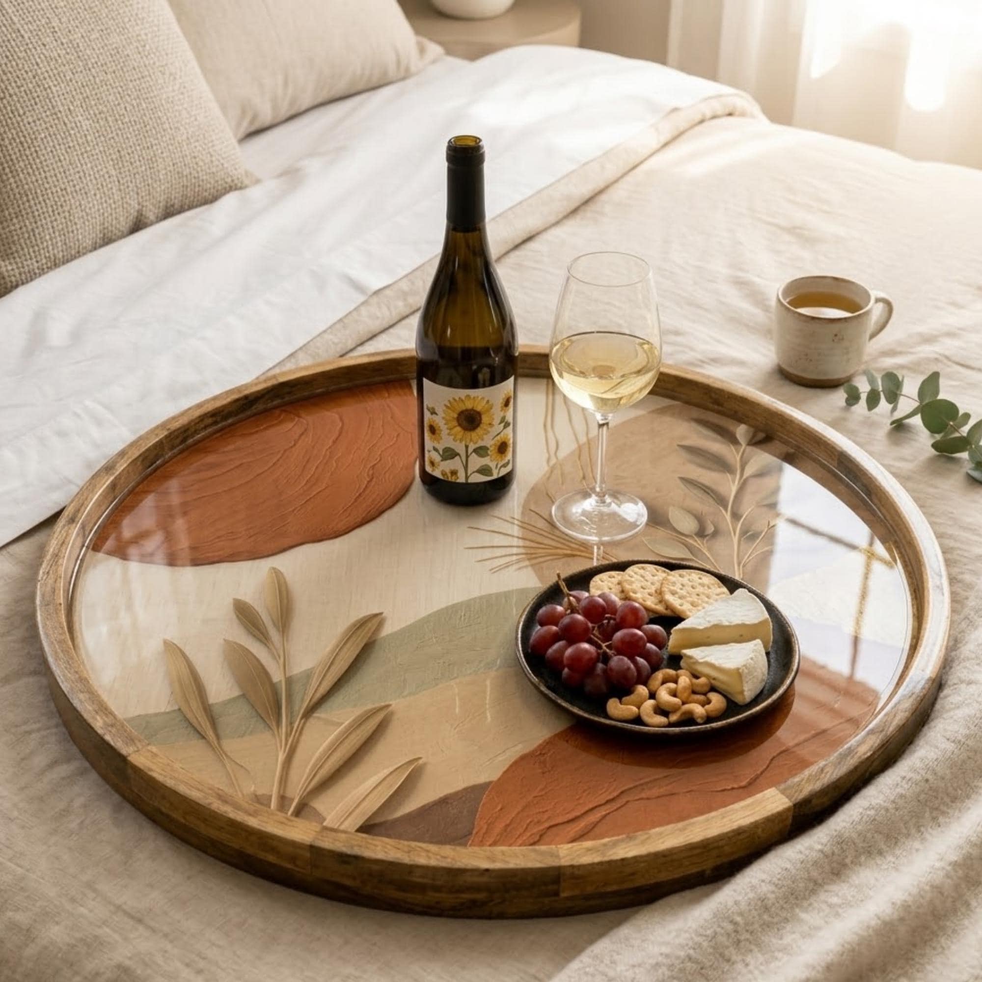 Boho Abstract Mango Wood Serving Tray | Neutral Botanical Ottoman Decor