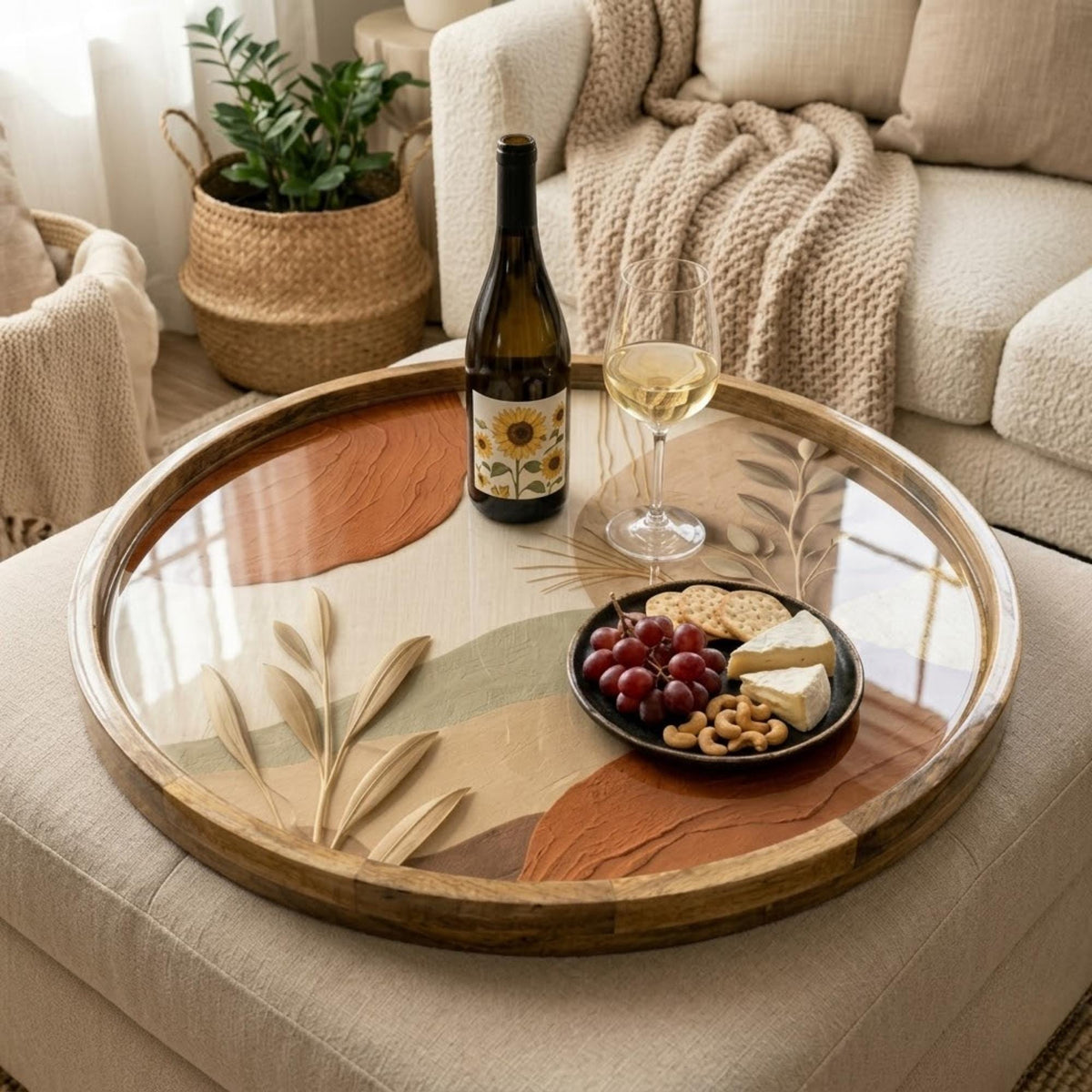 Boho Abstract Mango Wood Serving Tray | Neutral Botanical Ottoman Decor