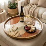 Boho Abstract Mango Wood Serving Tray | Neutral Botanical Ottoman Decor