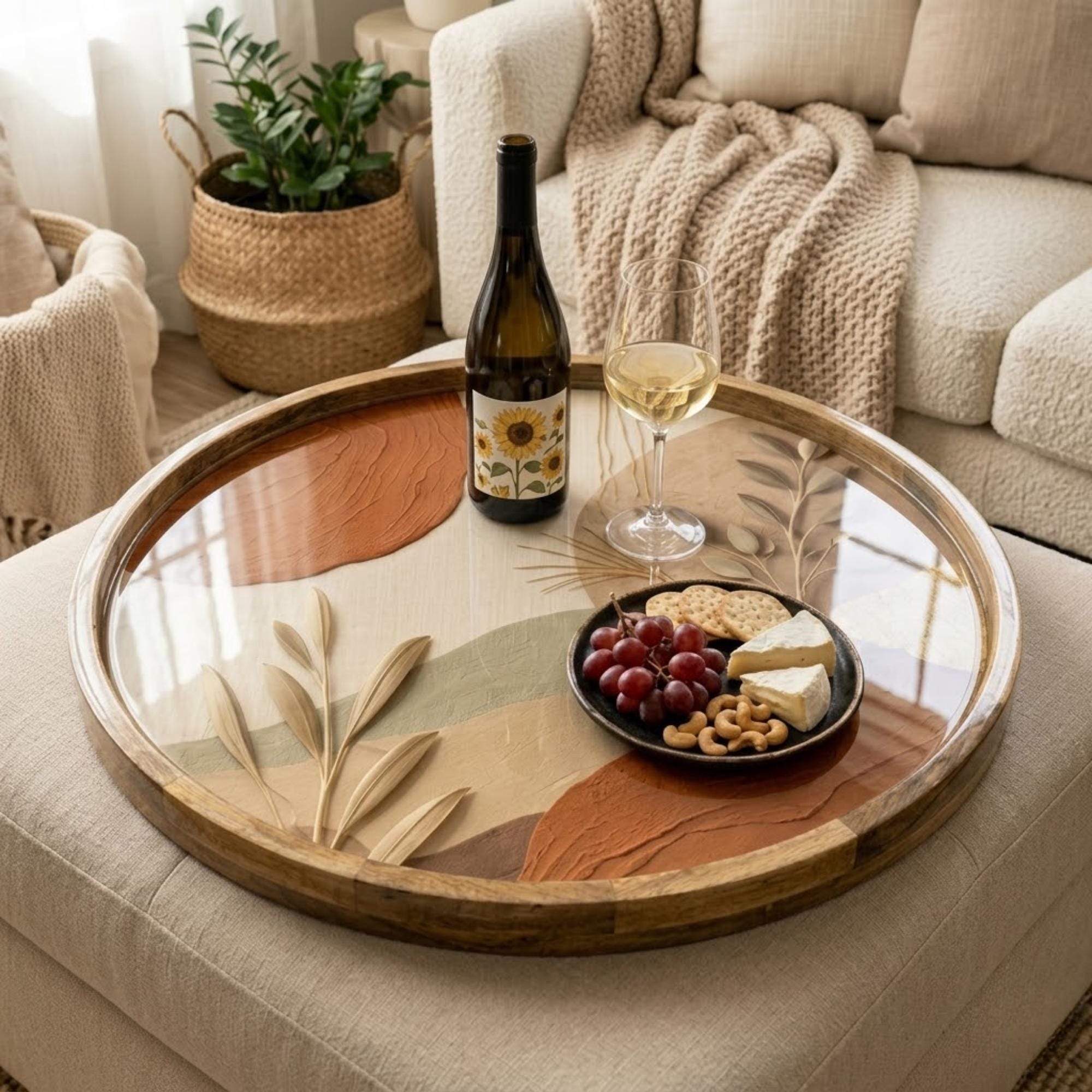 Boho Abstract Mango Wood Serving Tray | Neutral Botanical Ottoman Decor