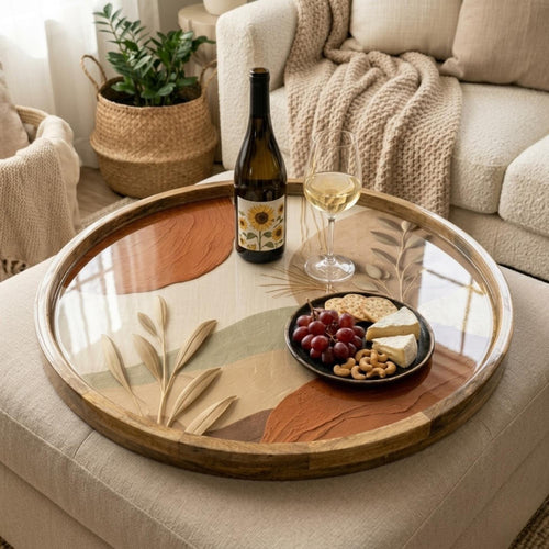 Boho Abstract Mango Wood Serving Tray | Neutral Botanical Ottoman Decor