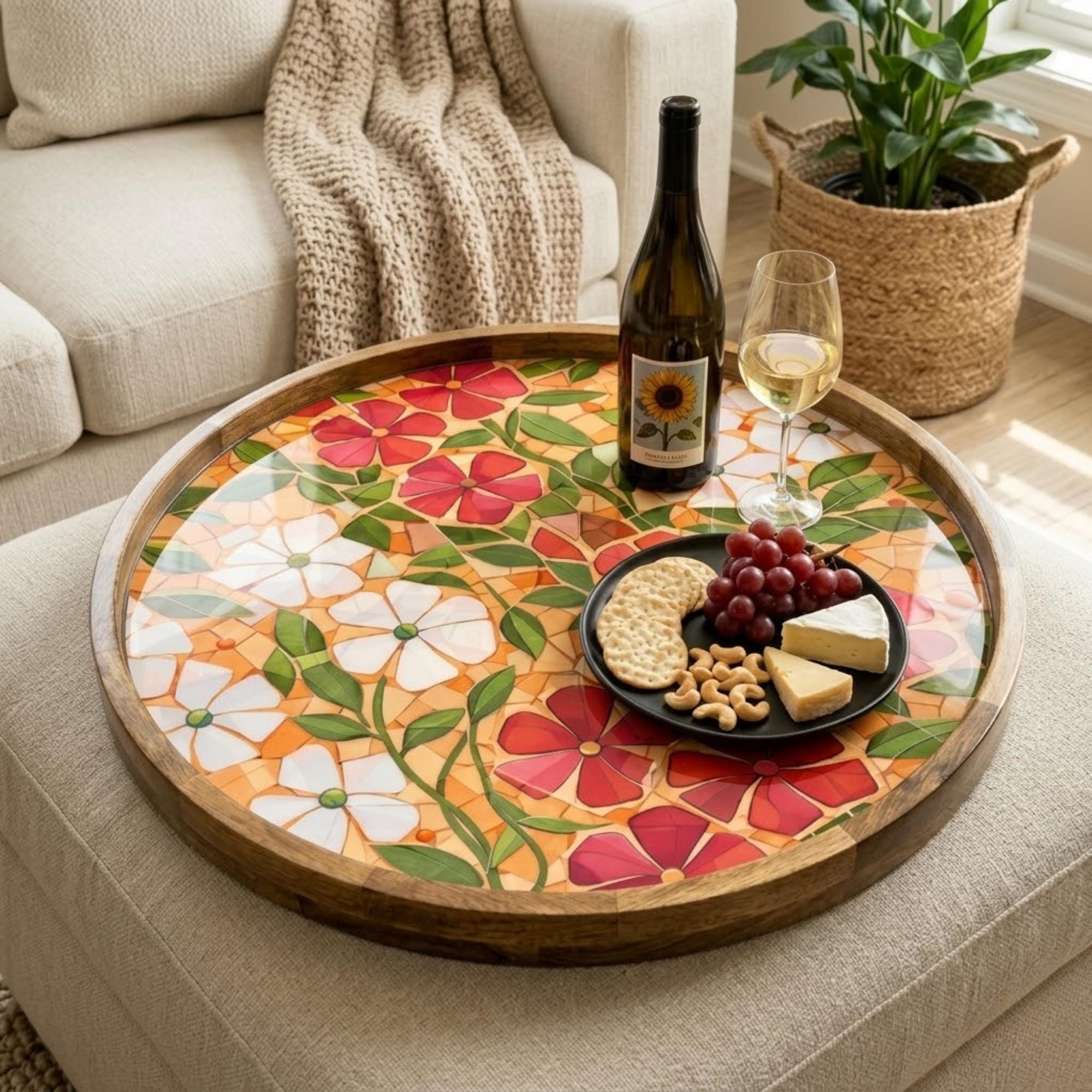 Handmade Floral Mango Wood Serving Tray | Round Coffee Table Ottoman Decor