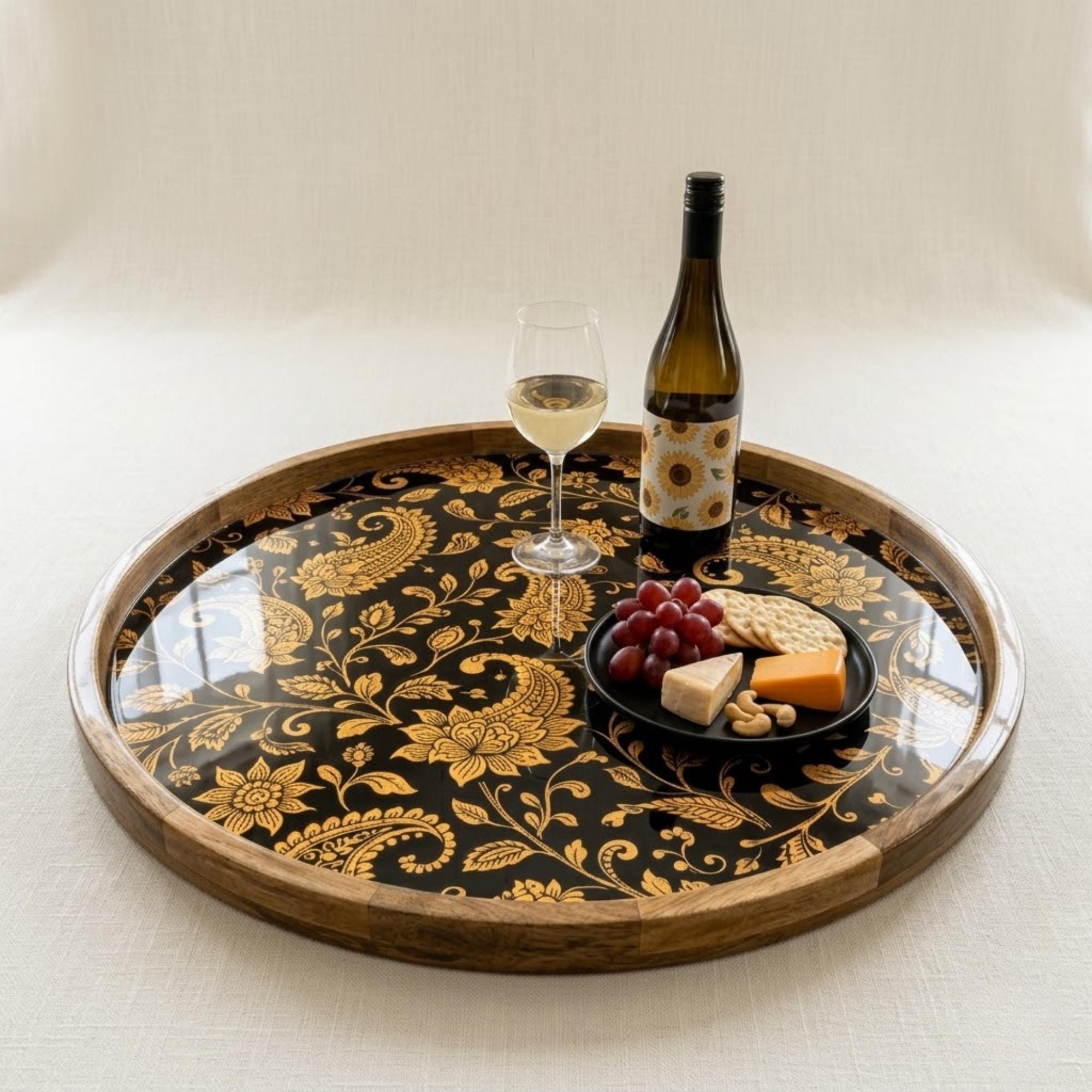 Handmade Mango Wood Serving Tray | Black Gold Floral Ottoman Decor